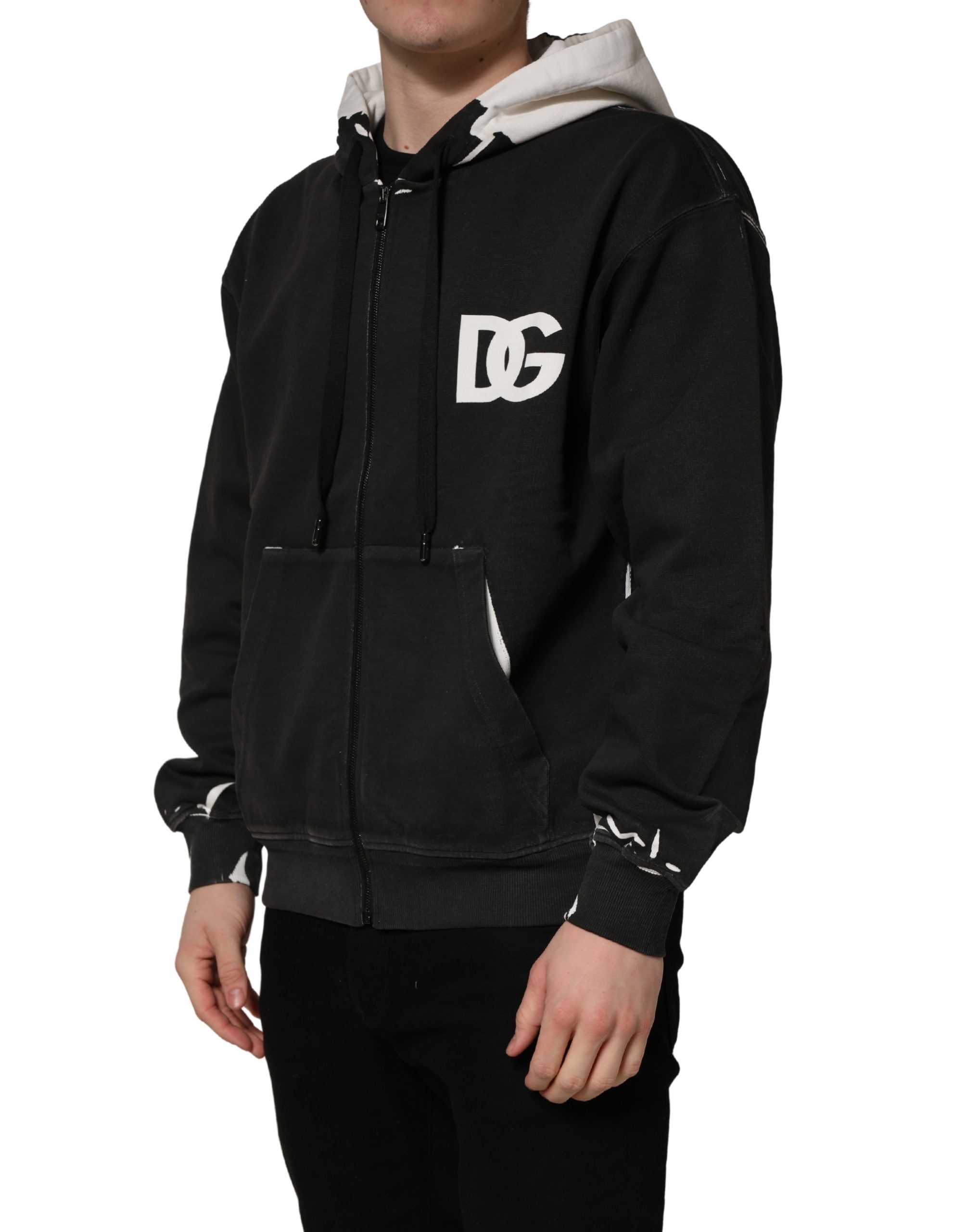 Dolce & Gabbana Schwarzer Kapuzenpullover mit durchgehendem Reißverschluss und Logo aus Baumwolle