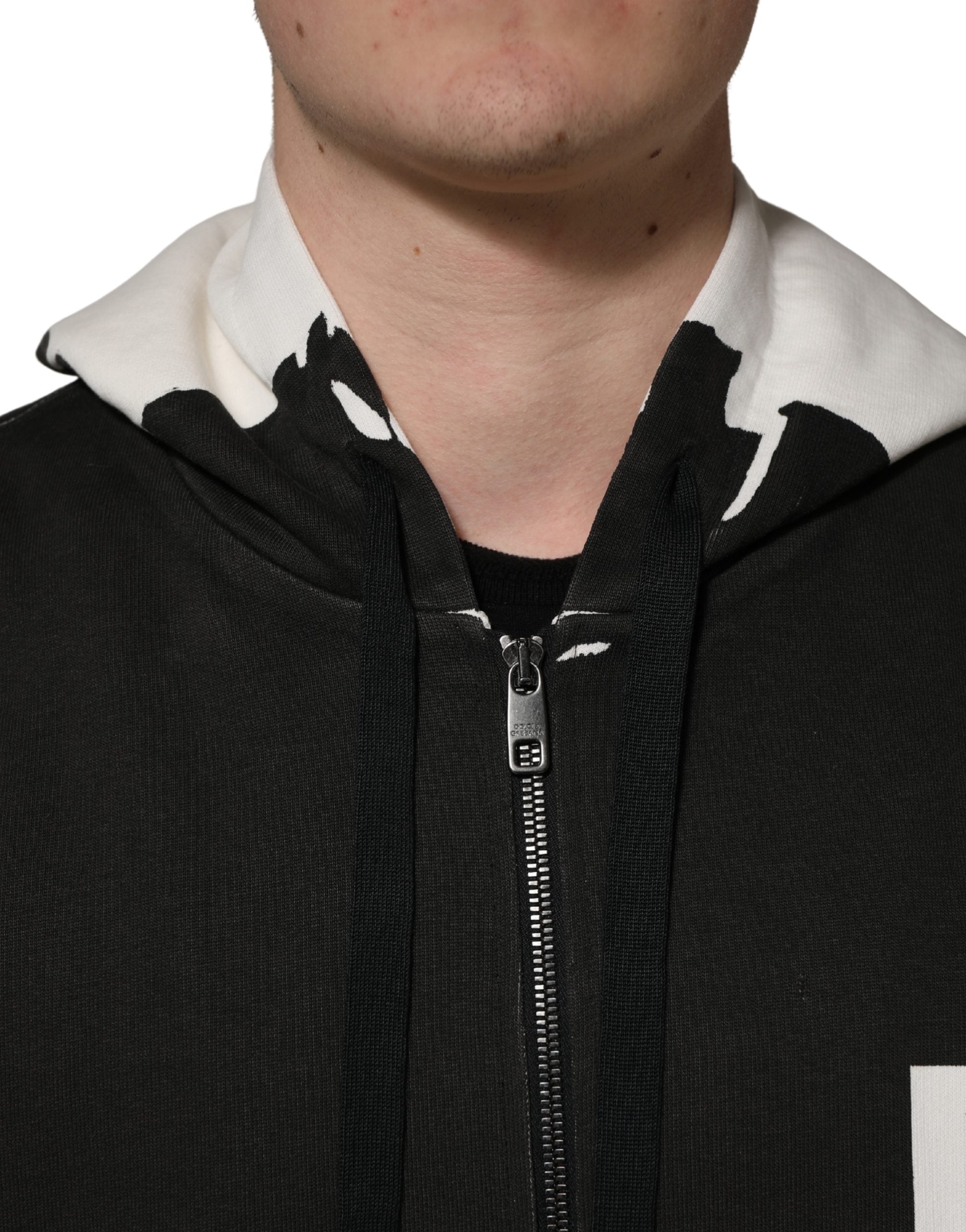 Dolce & Gabbana Schwarzer Kapuzenpullover mit durchgehendem Reißverschluss und Logo aus Baumwolle