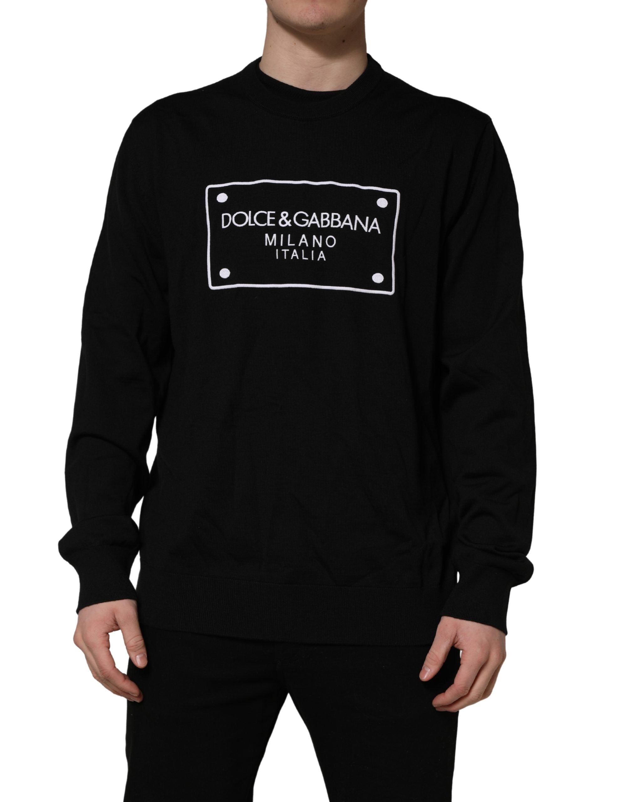 Dolce & Gabbana Schwarzer Wollpullover mit Rundhalsausschnitt und grafischem Logo