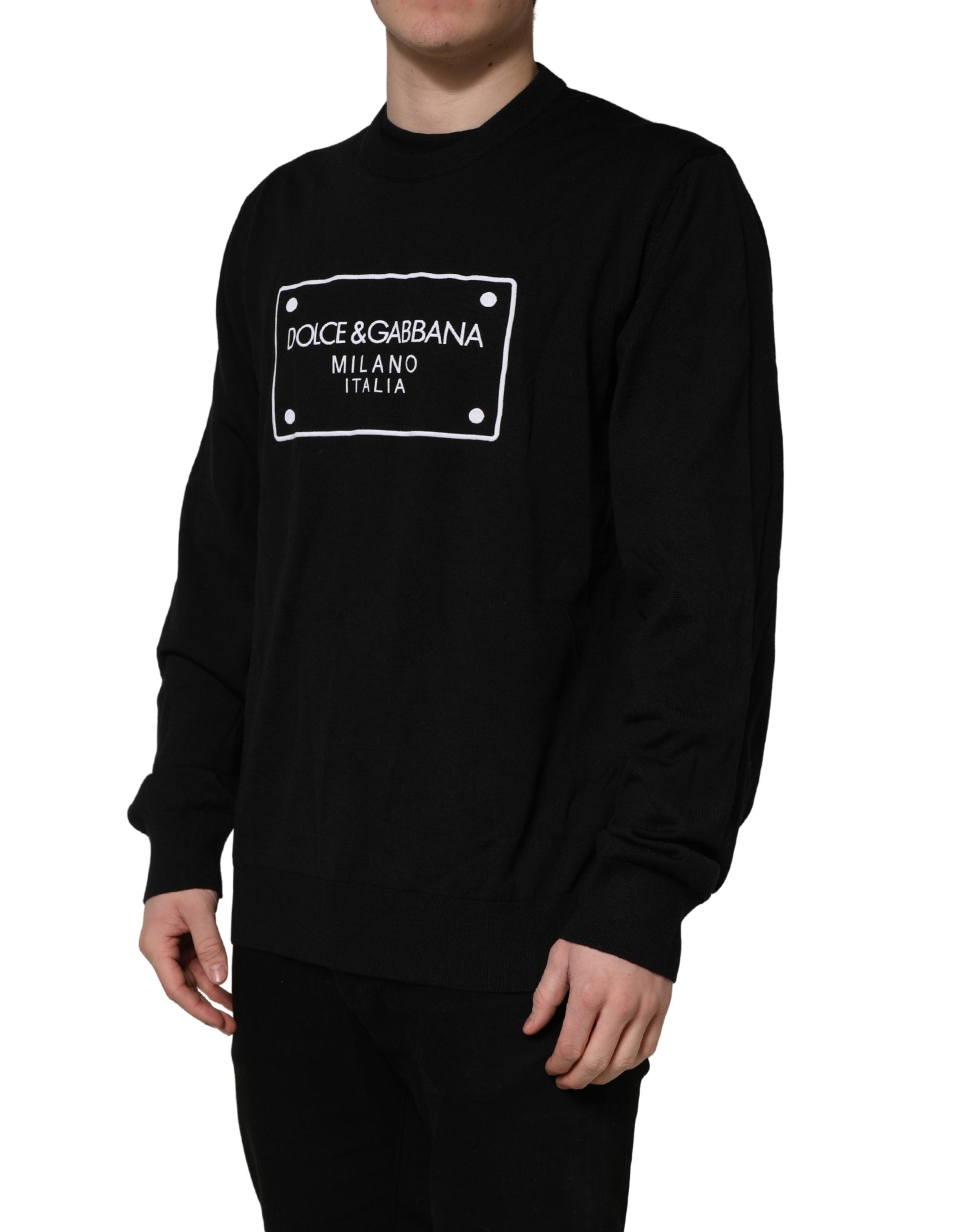 Dolce & Gabbana Schwarzer Wollpullover mit Rundhalsausschnitt und grafischem Logo