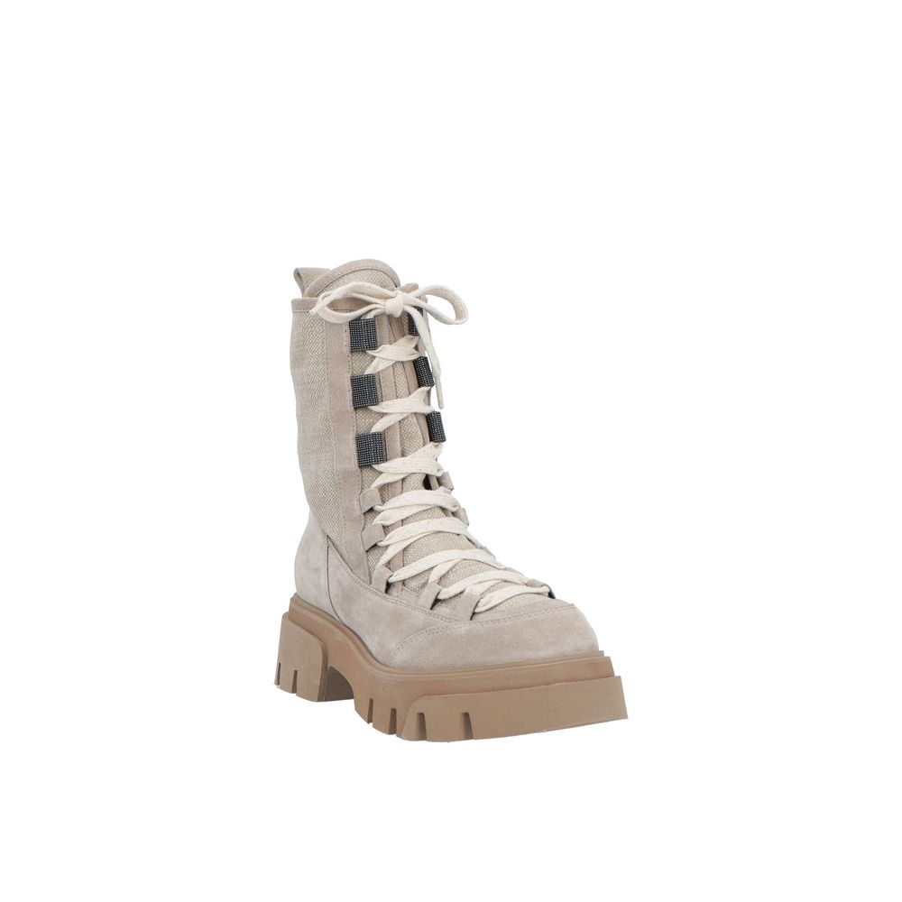 Brunello Cucinelli Beige Leder Schnürstiefel