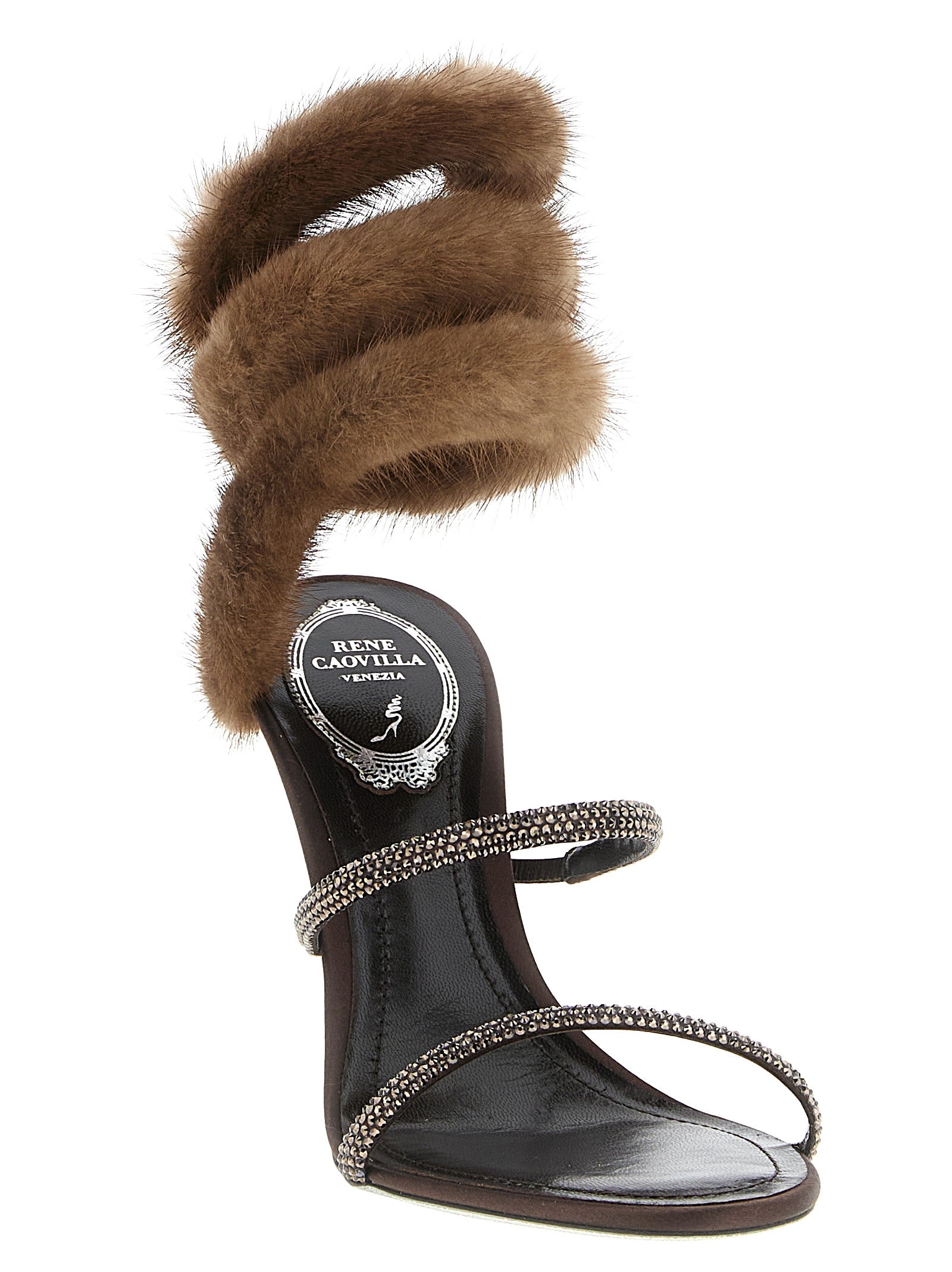 RENE CAOVILLA Braune Satin-Stiletto-Sandalen