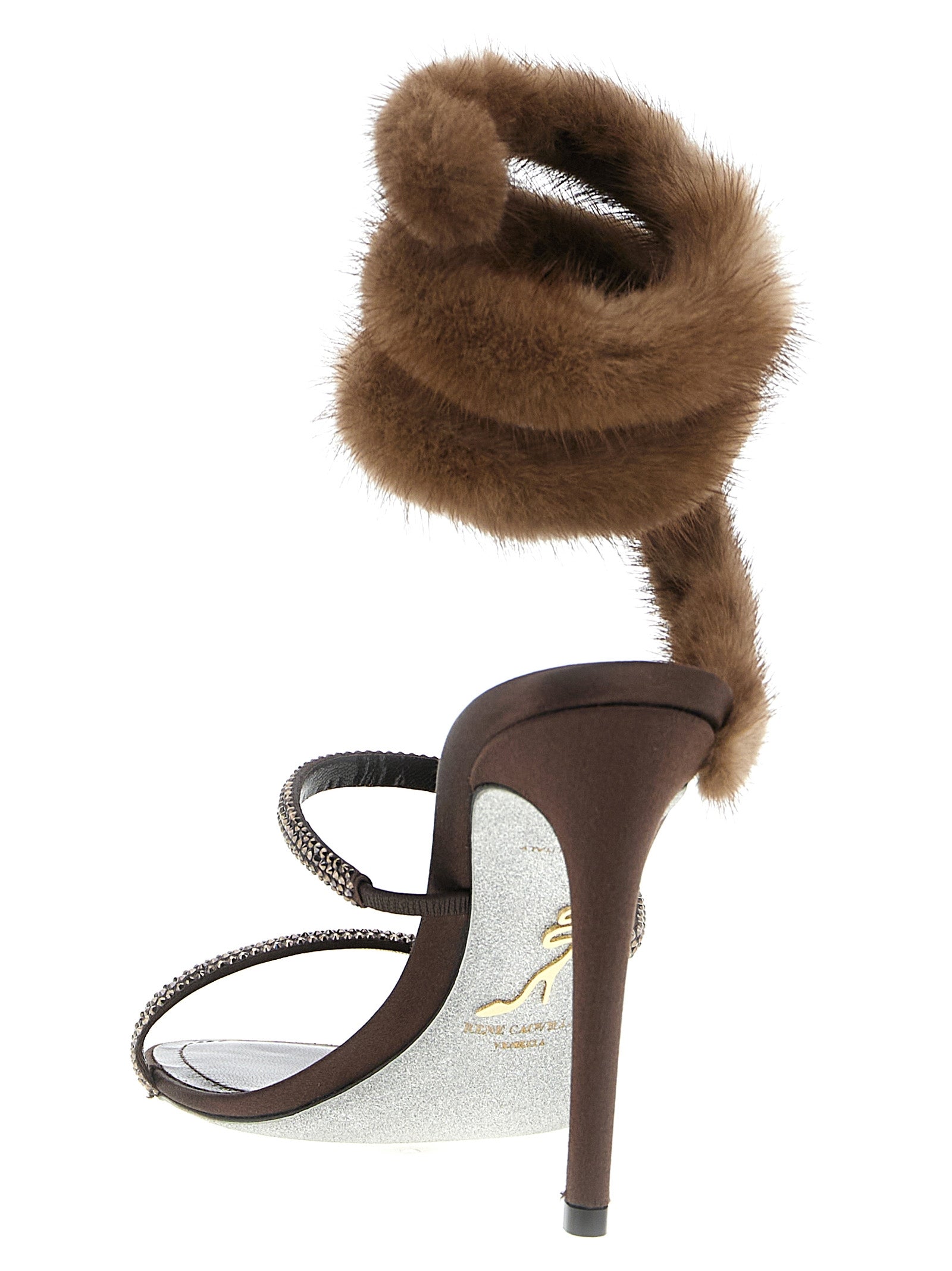 RENE CAOVILLA Braune Satin-Stiletto-Sandalen