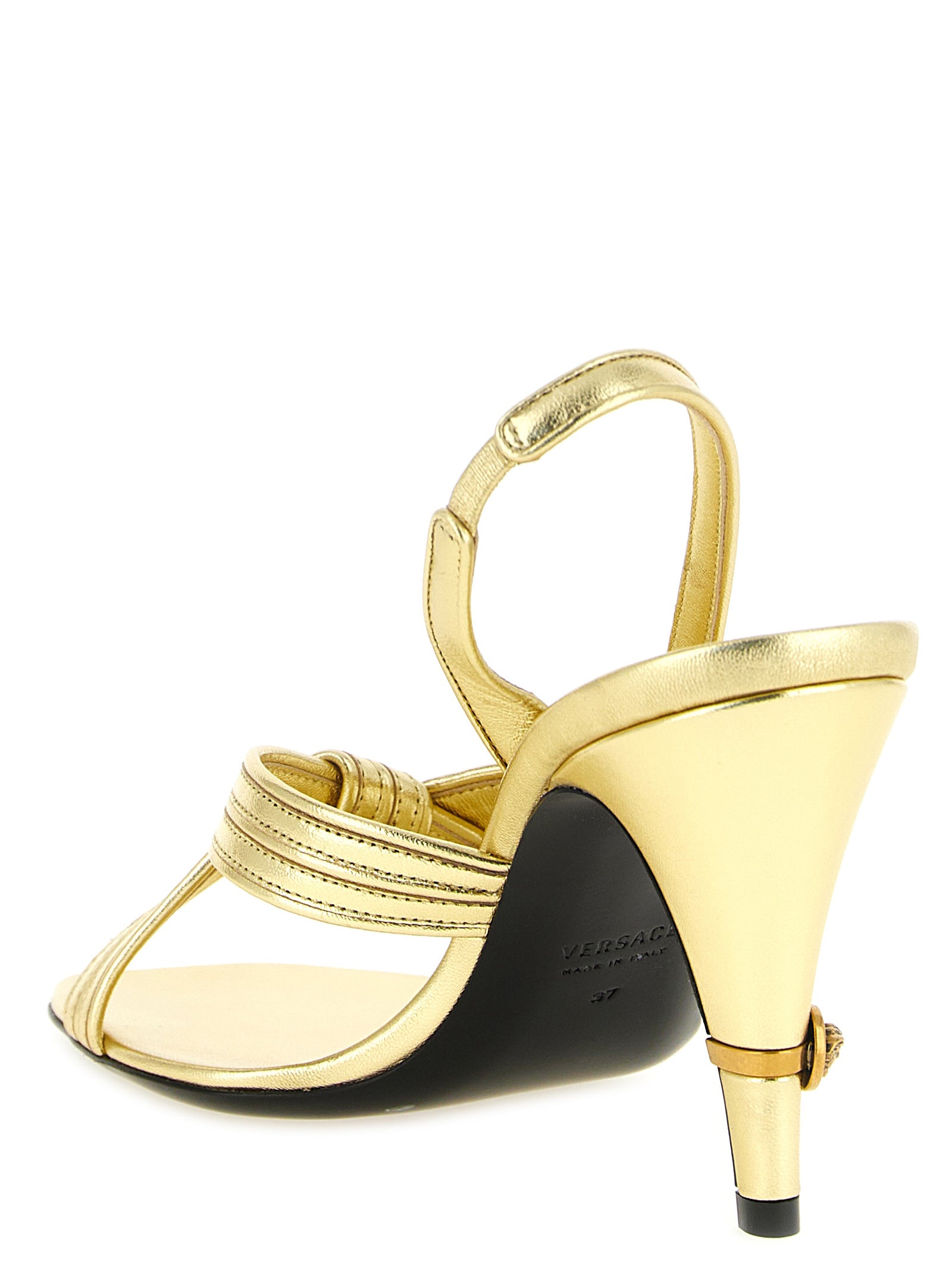 Versace Sandale mit Stiletto-Absatz aus laminiertem Lammleder in Gold