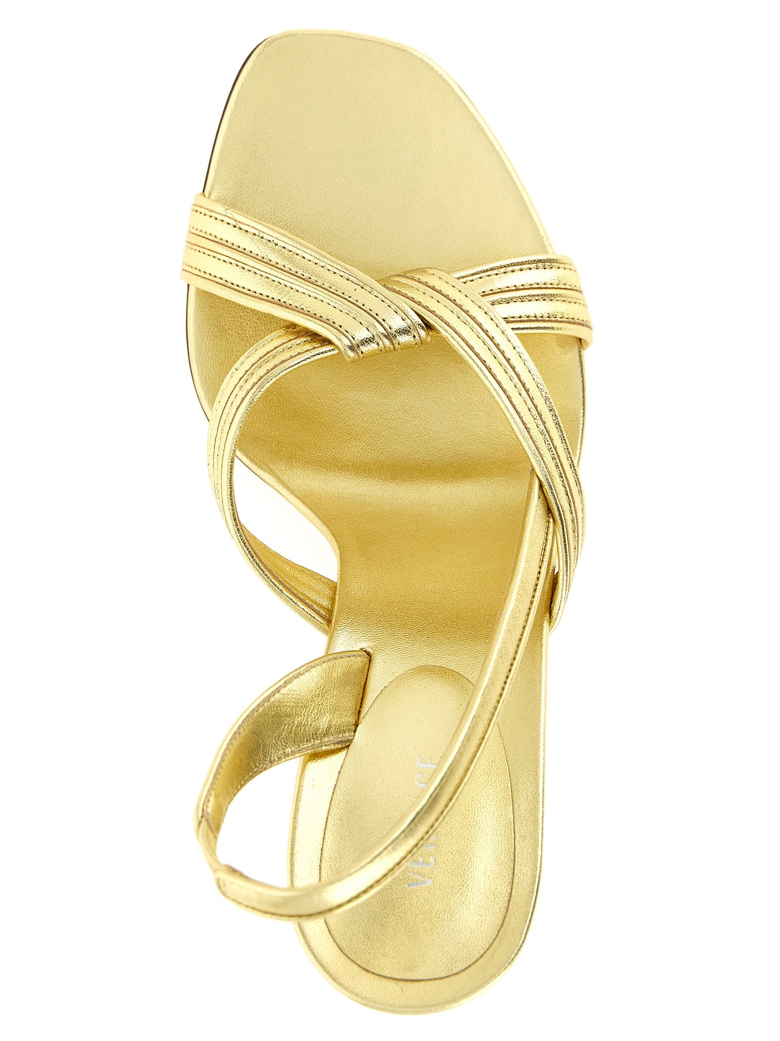 Versace Sandale mit Stiletto-Absatz aus laminiertem Lammleder in Gold