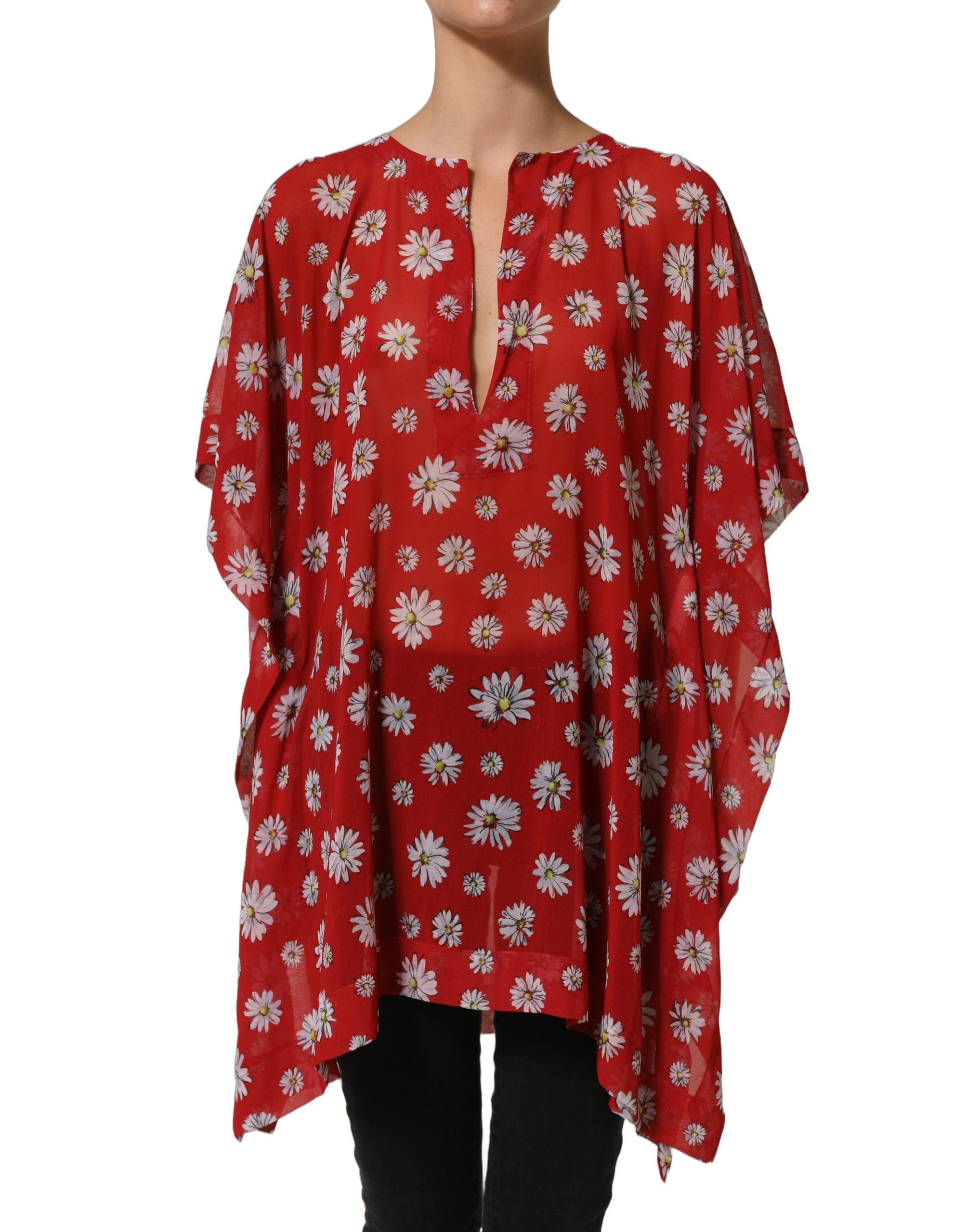 Dolce & Gabbana Rote Kaftan-Bluse aus Polyester mit Blumenmuster und V-Ausschnitt