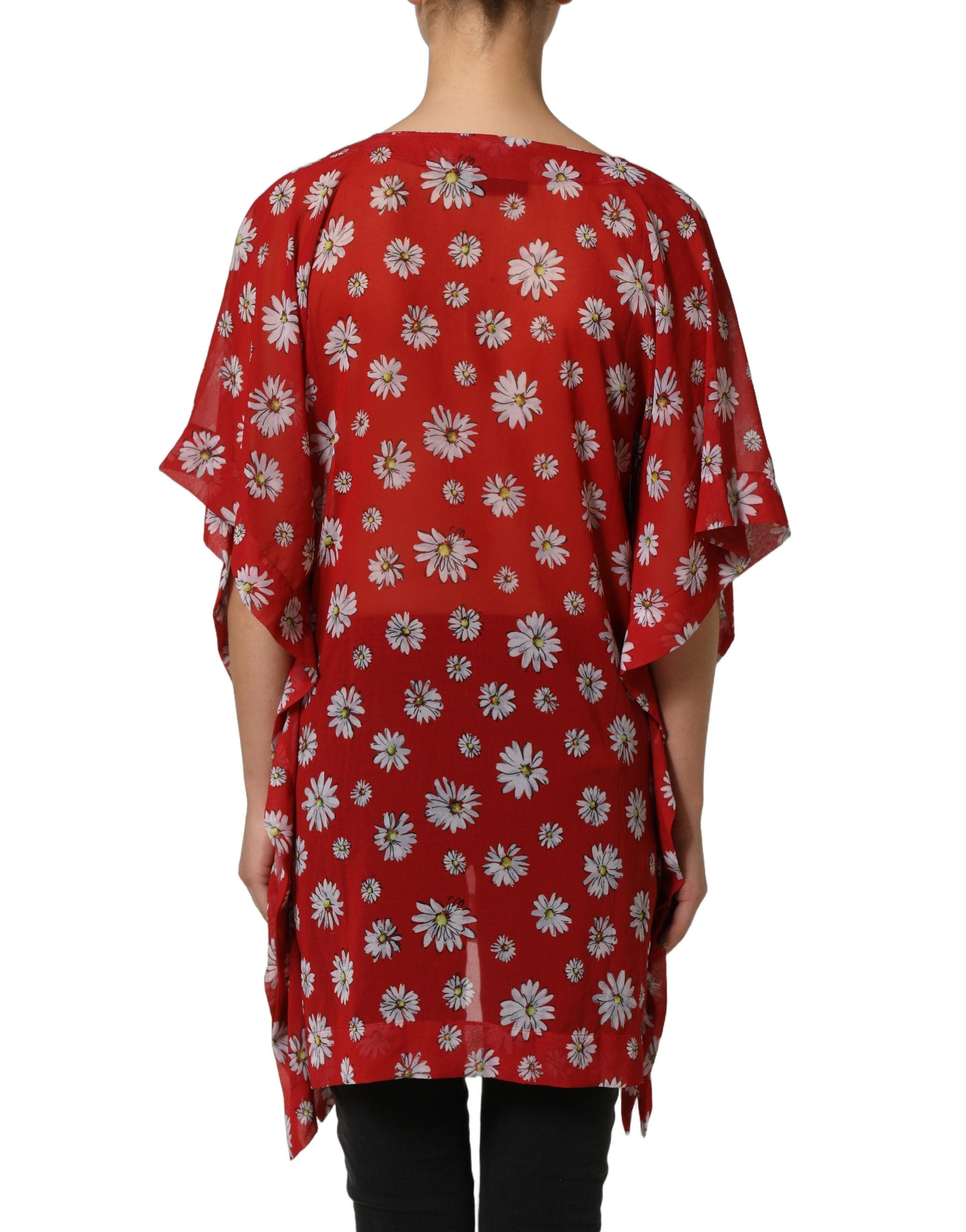 Dolce & Gabbana Rote Kaftan-Bluse aus Polyester mit Blumenmuster und V-Ausschnitt