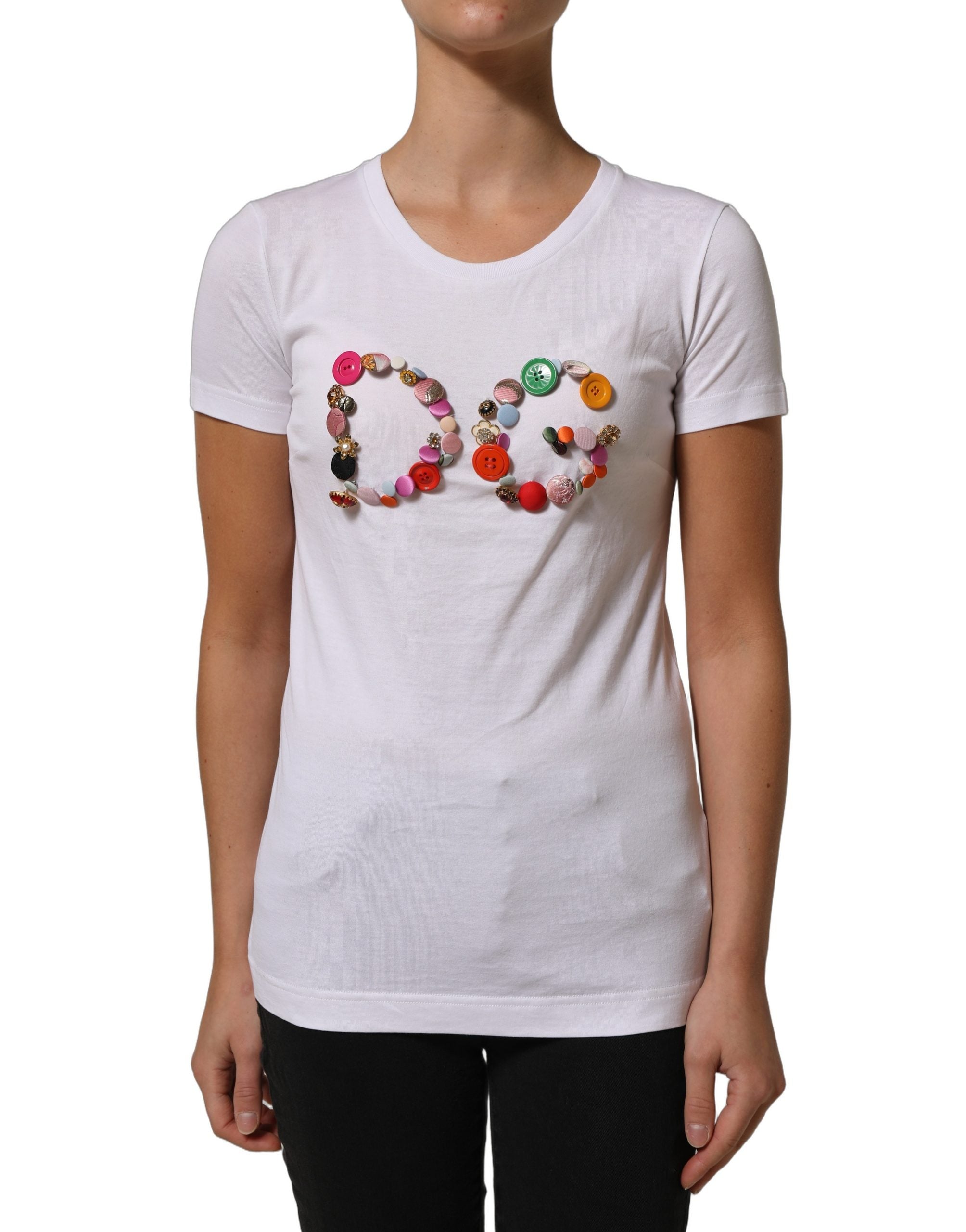 Dolce & Gabbana Weißes Rundhals-T-Shirt mit DG-Logo-Verzierung