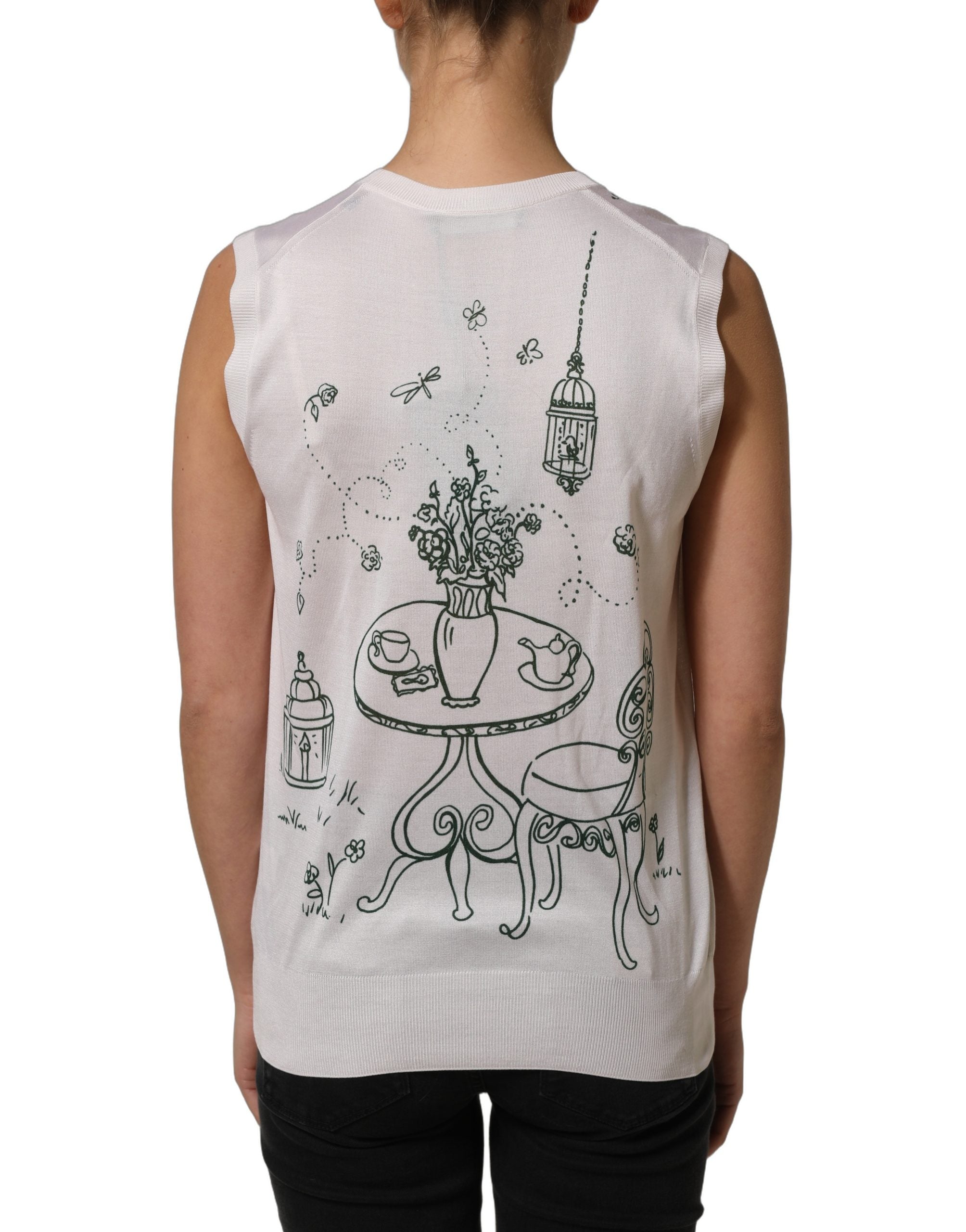 Dolce & Gabbana Weißes Seidenstrick-Top mit „Garden Fountain“-Print