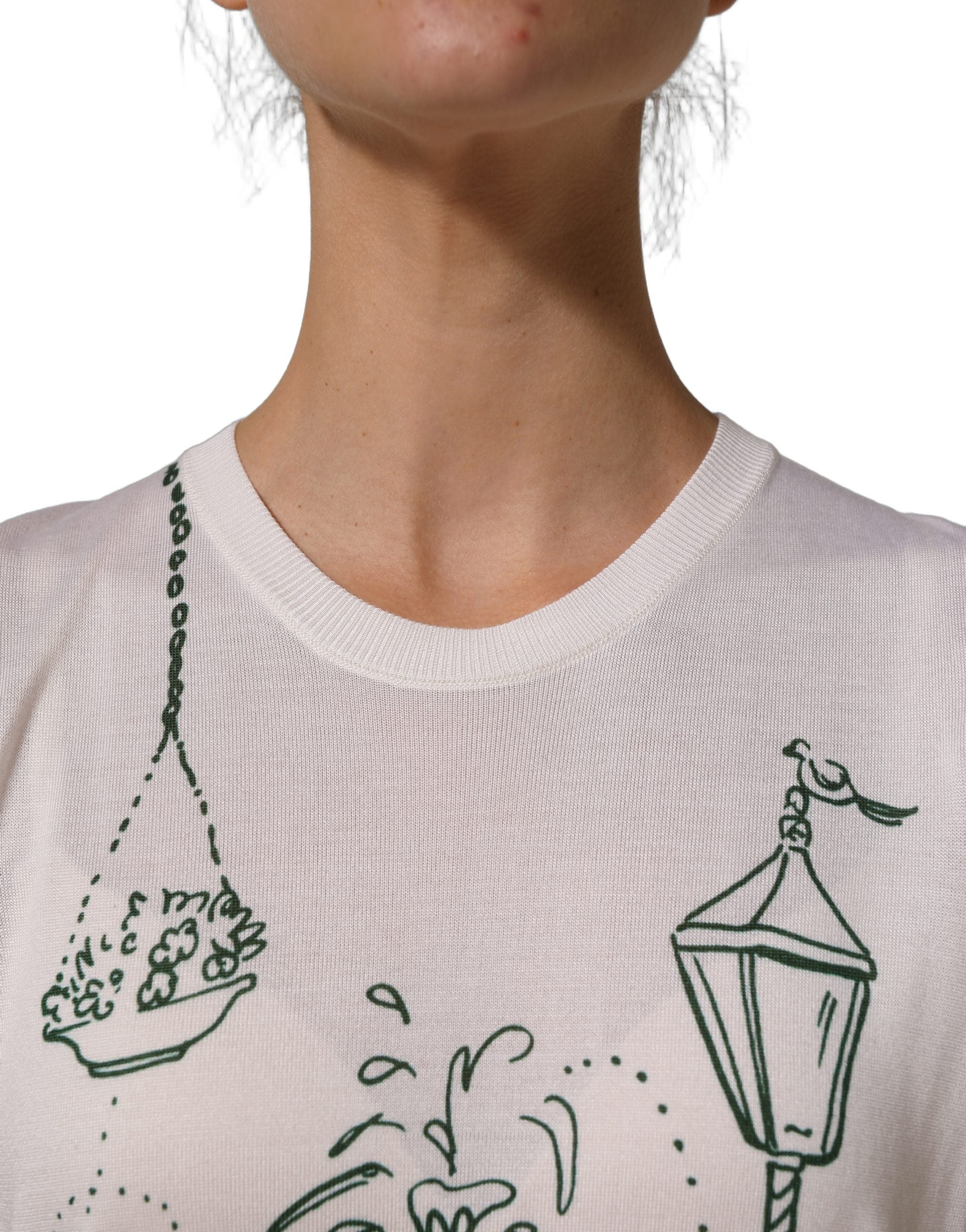 Dolce & Gabbana Weißes Seidenstrick-Top mit „Garden Fountain“-Print