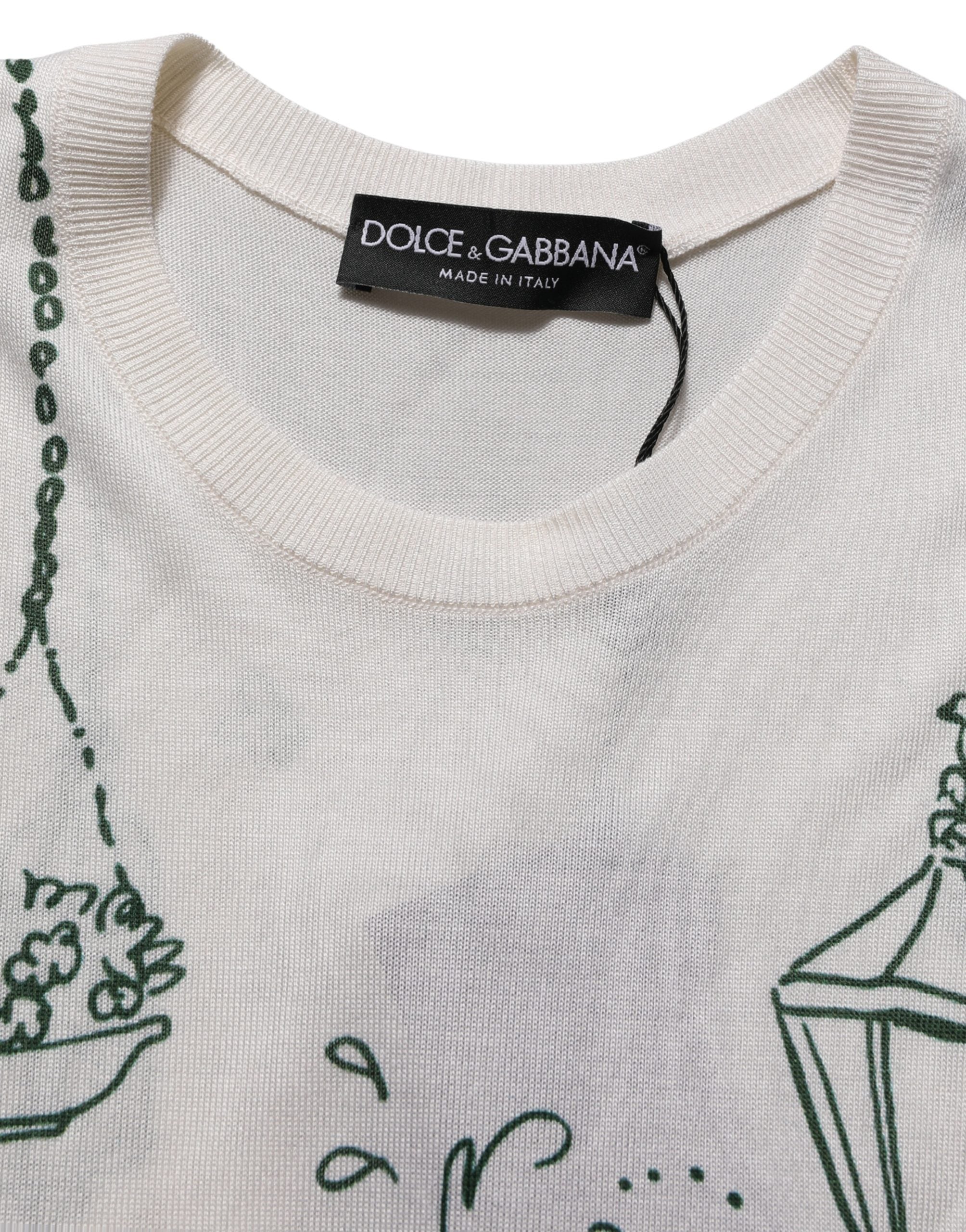 Dolce & Gabbana Weißes Seidenstrick-Top mit „Garden Fountain“-Print