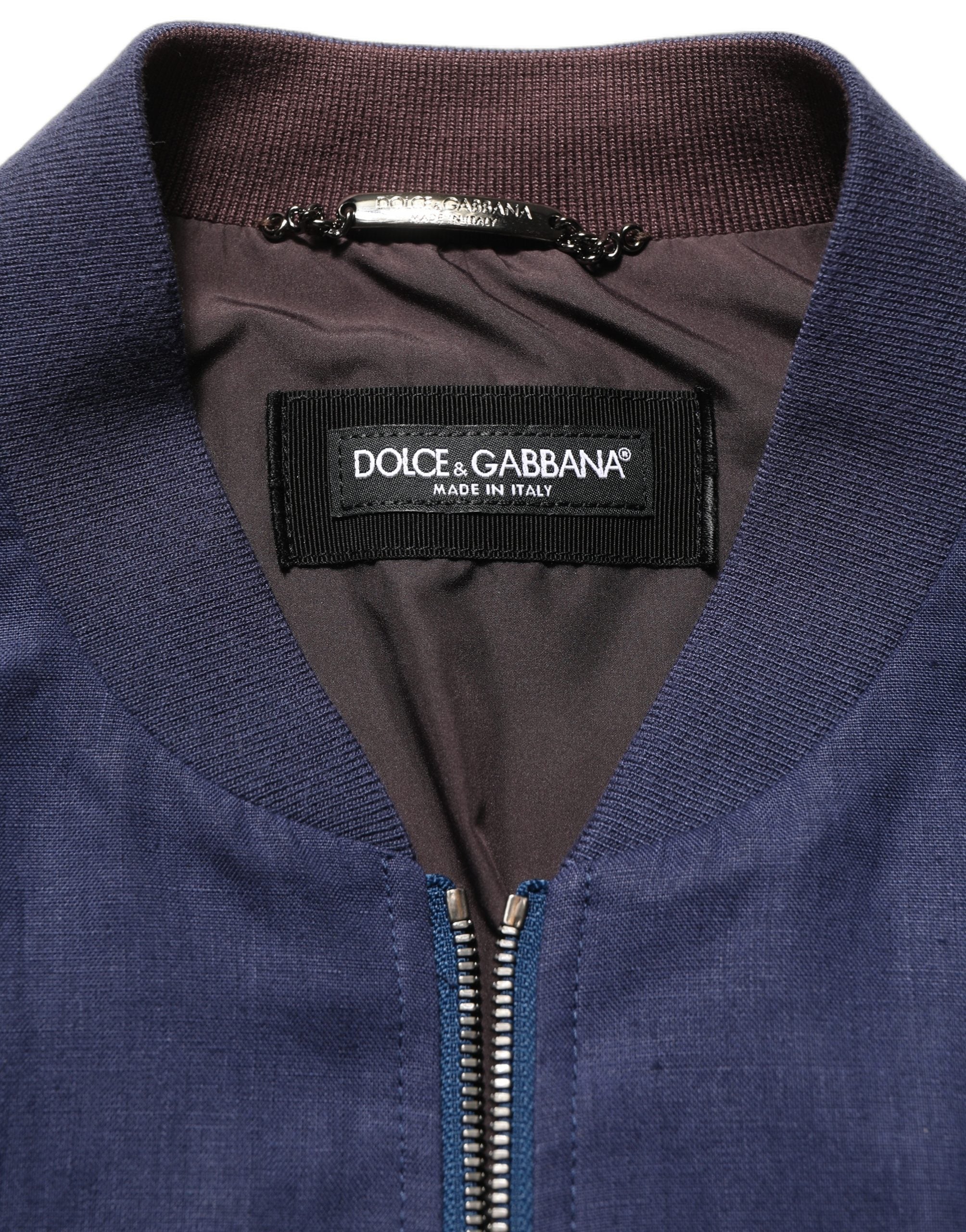 Dolce & Gabbana Blaue Bomberjacke aus Leinen mit durchgehendem Reißverschluss für Herren
