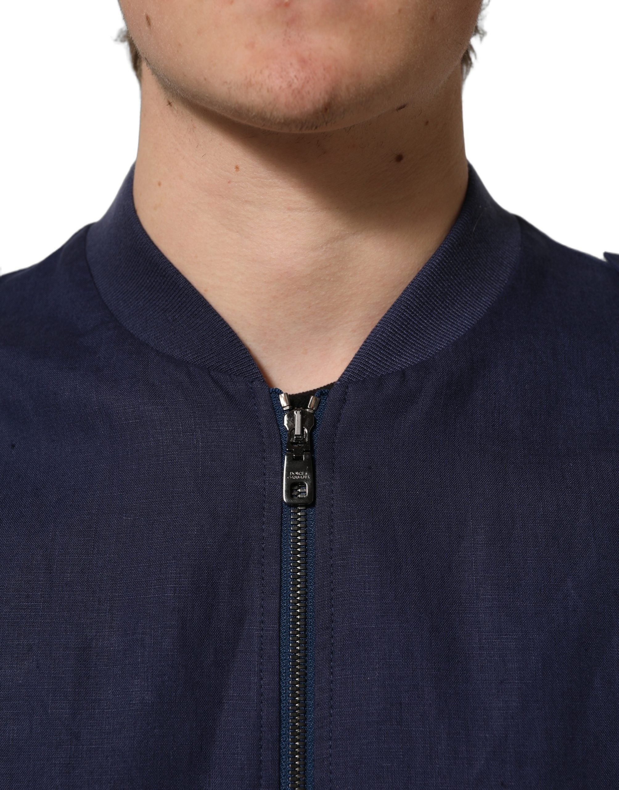 Dolce & Gabbana Blaue Bomberjacke aus Leinen mit durchgehendem Reißverschluss für Herren