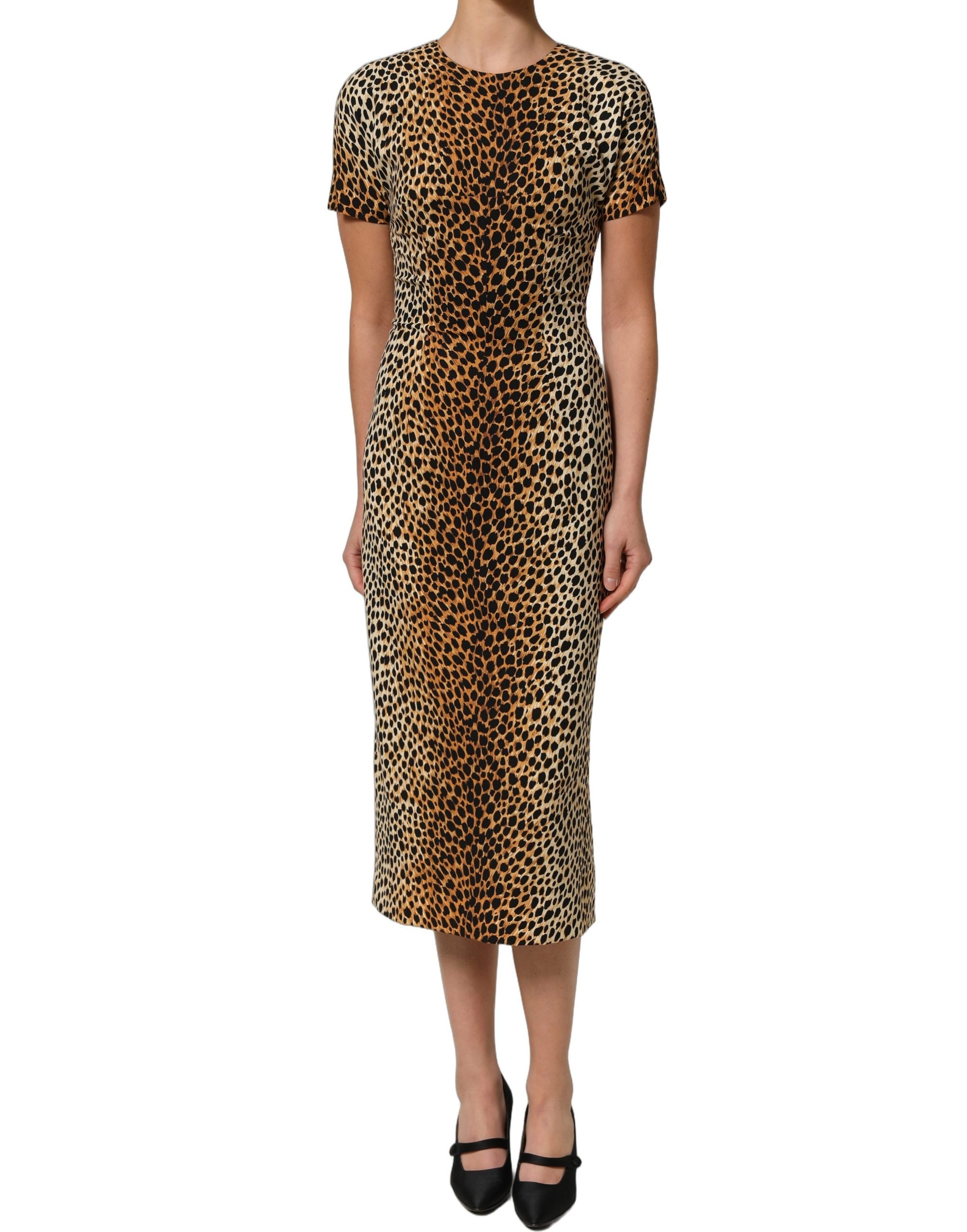 Dolce & Gabbana Braunes Etuikleid aus Seide mit Leopardenmuster, Midi-Länge