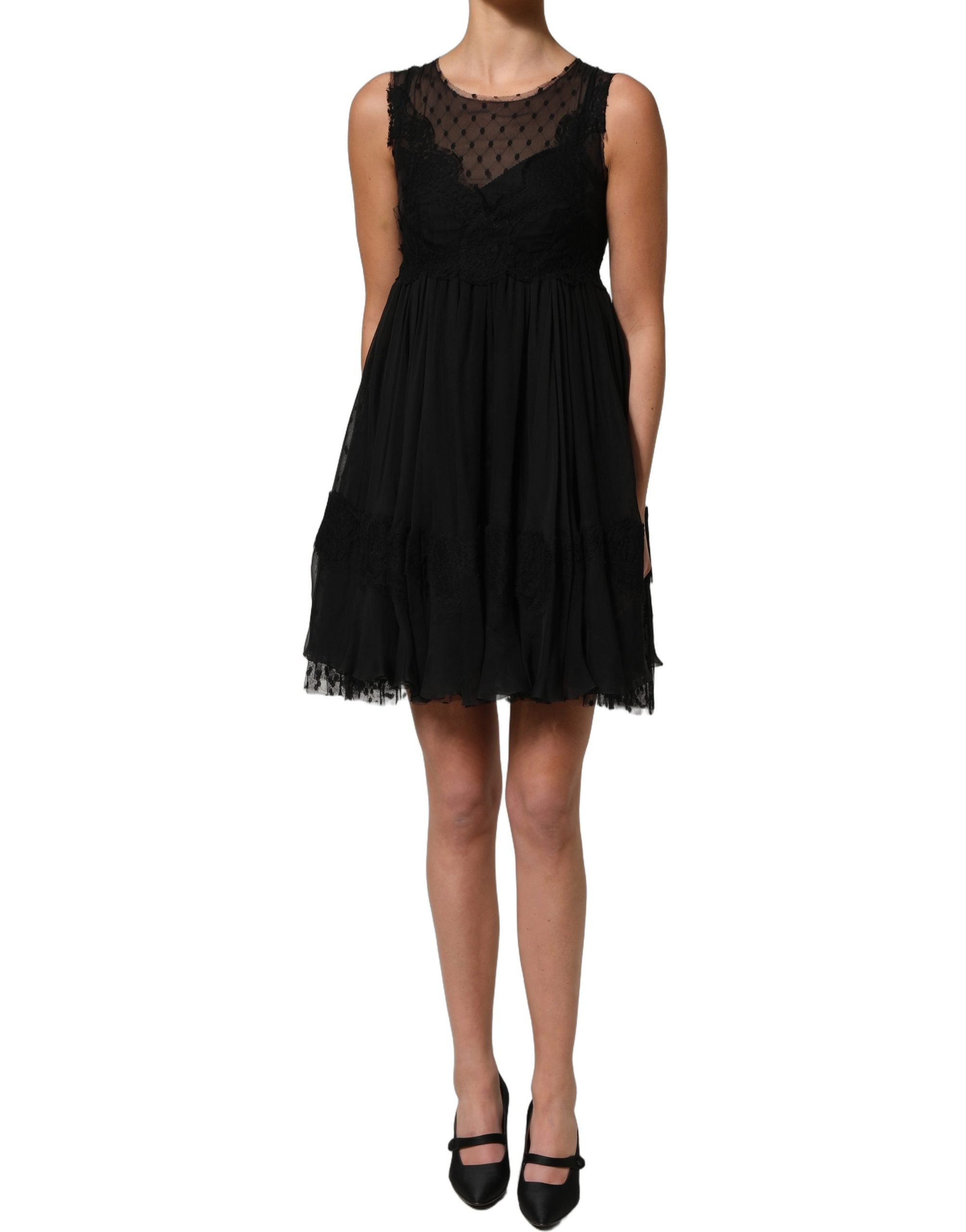 Dolce & Gabbana Ärmelloses Mini-Kleid in A-Linie mit schwarzer Spitze