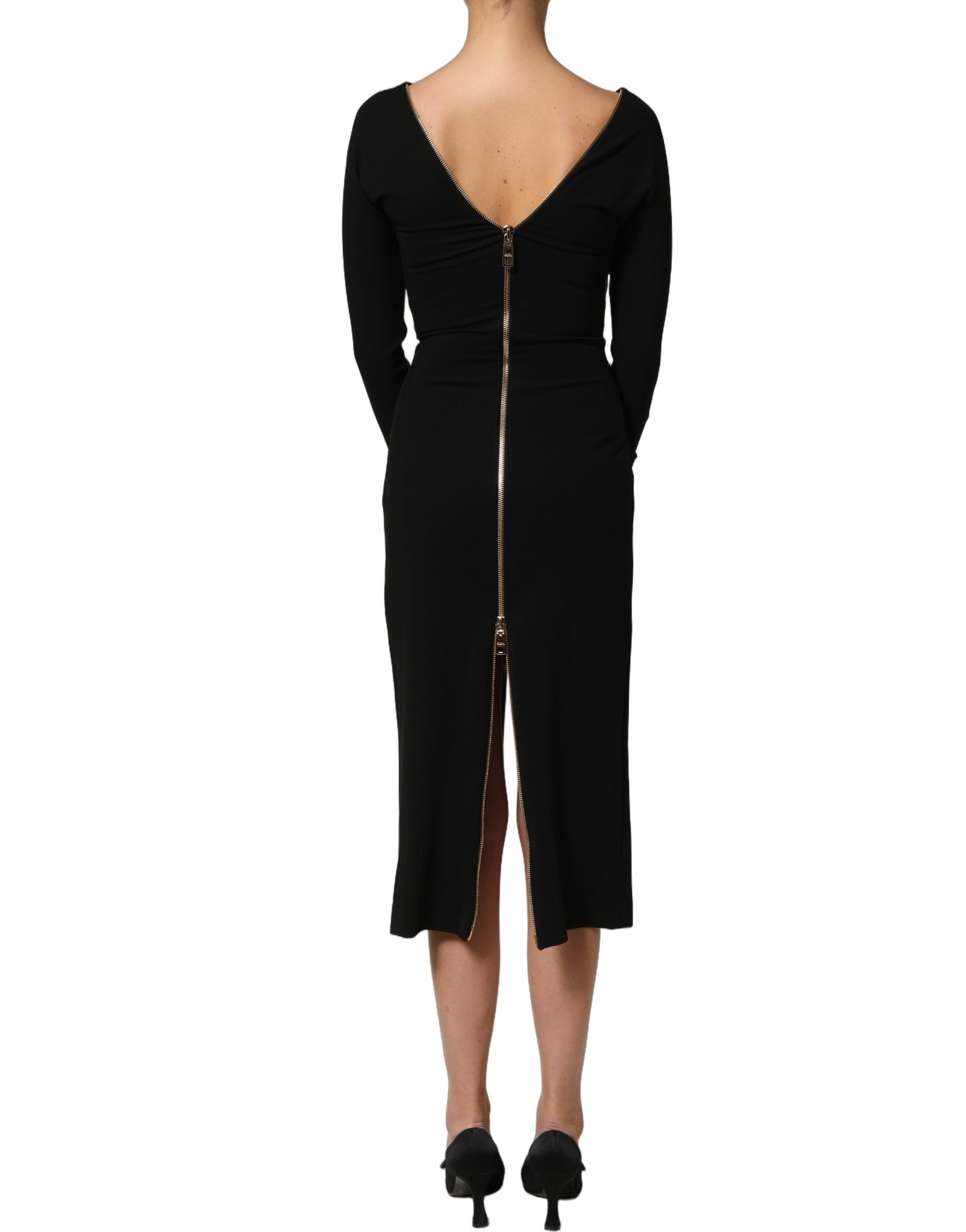 Dolce & Gabbana Schwarzes Midikleid mit langen Ärmeln und durchgehendem Reißverschluss vorne