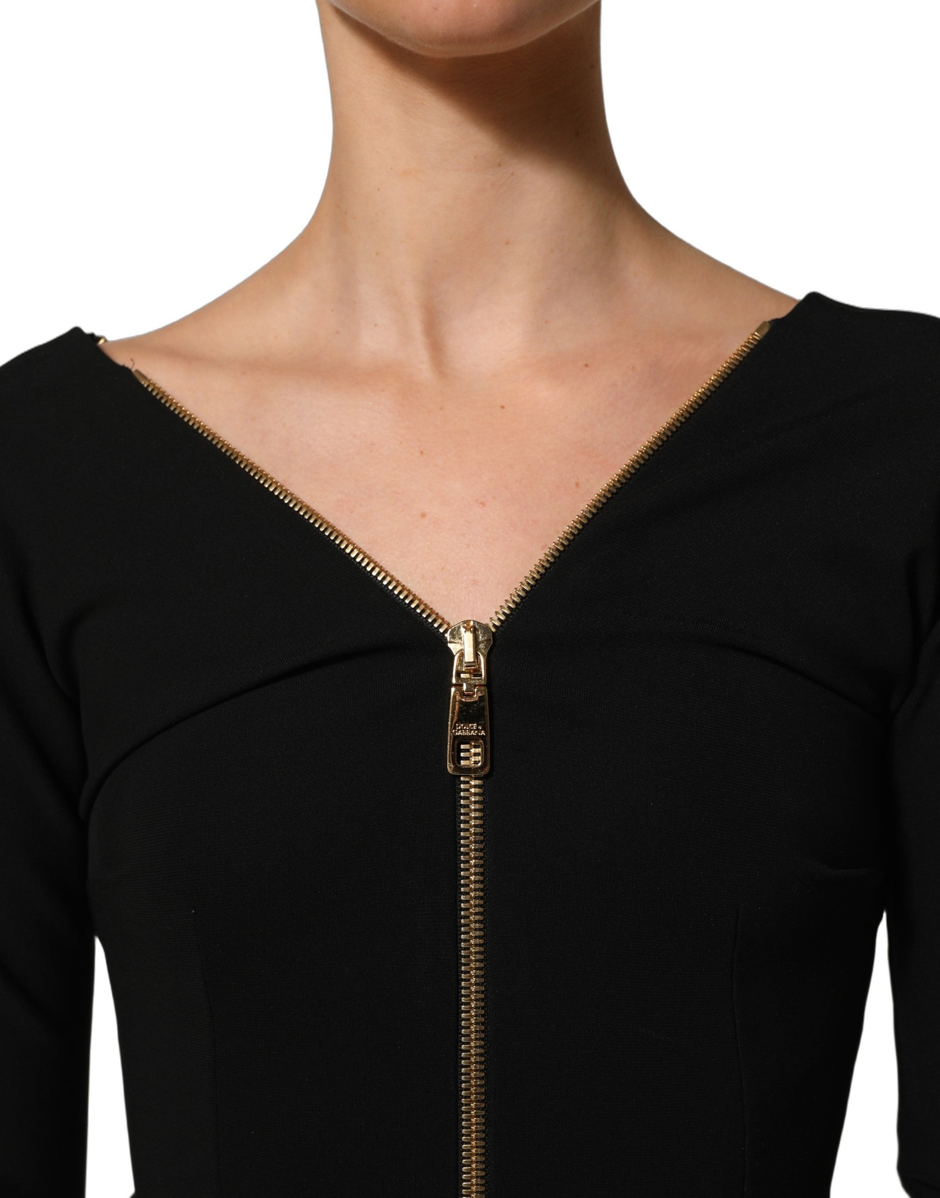 Dolce & Gabbana Schwarzes Midikleid mit langen Ärmeln und durchgehendem Reißverschluss vorne