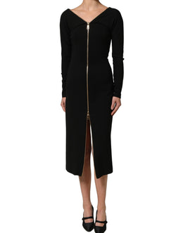Dolce & Gabbana Schwarzes Midikleid mit langen Ärmeln und durchgehendem Reißverschluss vorne