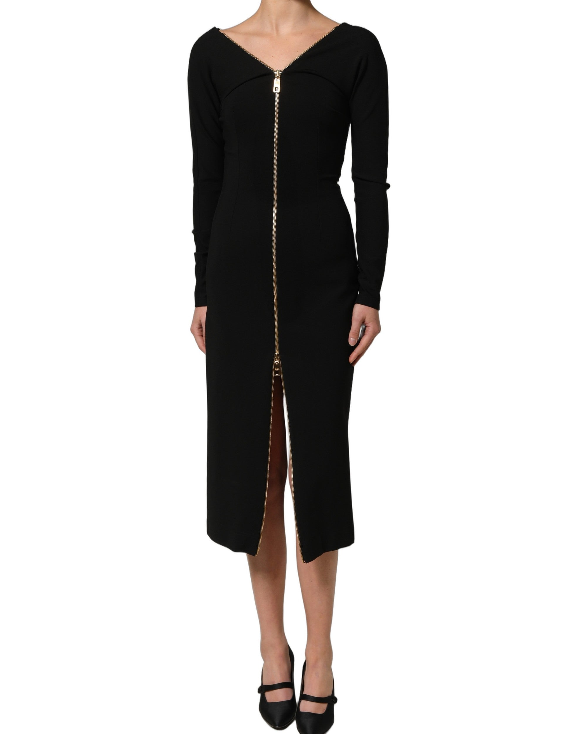 Dolce & Gabbana Schwarzes Midikleid mit langen Ärmeln und durchgehendem Reißverschluss vorne