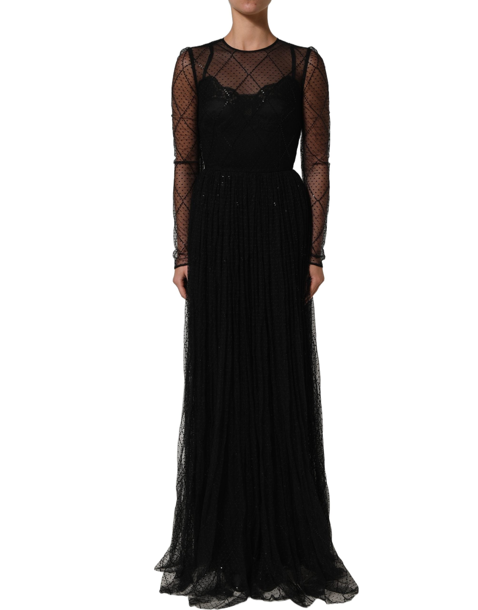 Dolce & Gabbana Langes Spitzen-Maxikleid aus schwarzem Mesh