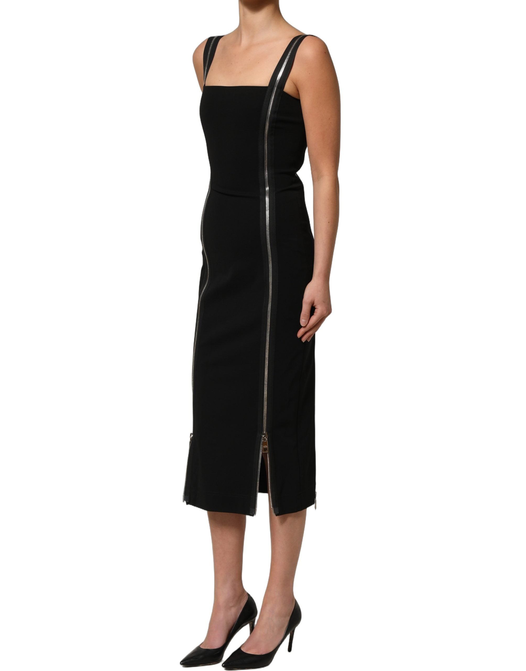 Dolce & Gabbana Schwarzes ärmelloses Midikleid mit Reißverschluss vorne