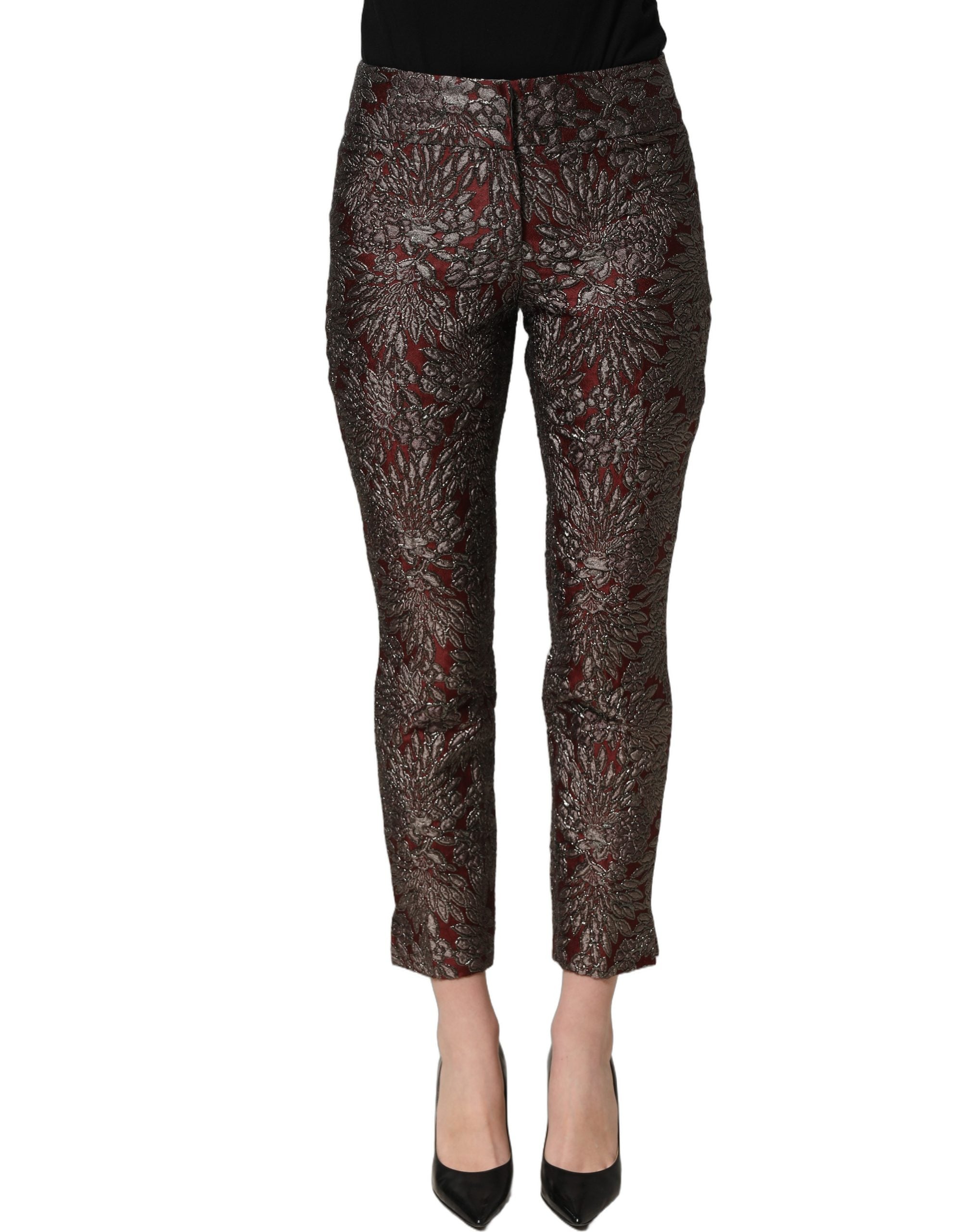 Dolce & Gabbana Gerade Hose mit burgunderrotem und grauem Blumenjacquard