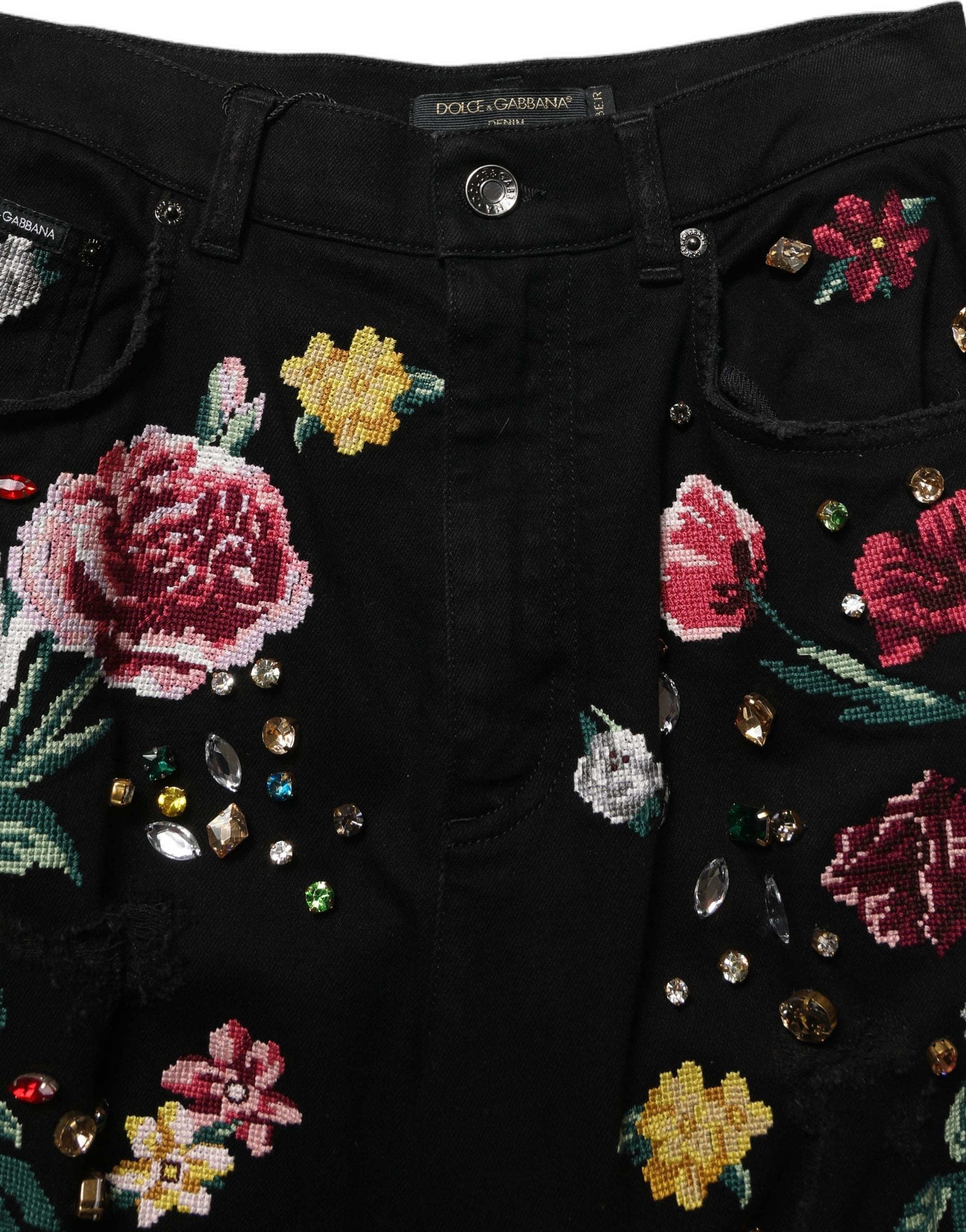Dolce & Gabbana Schwarze Hose mit Blumenprint, hoher Taille und schmal zulaufendem Bein aus Baumwolle