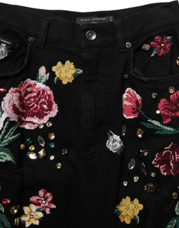 Dolce & Gabbana Schwarze Hose mit Blumenprint, hoher Taille und schmal zulaufendem Bein aus Baumwolle
