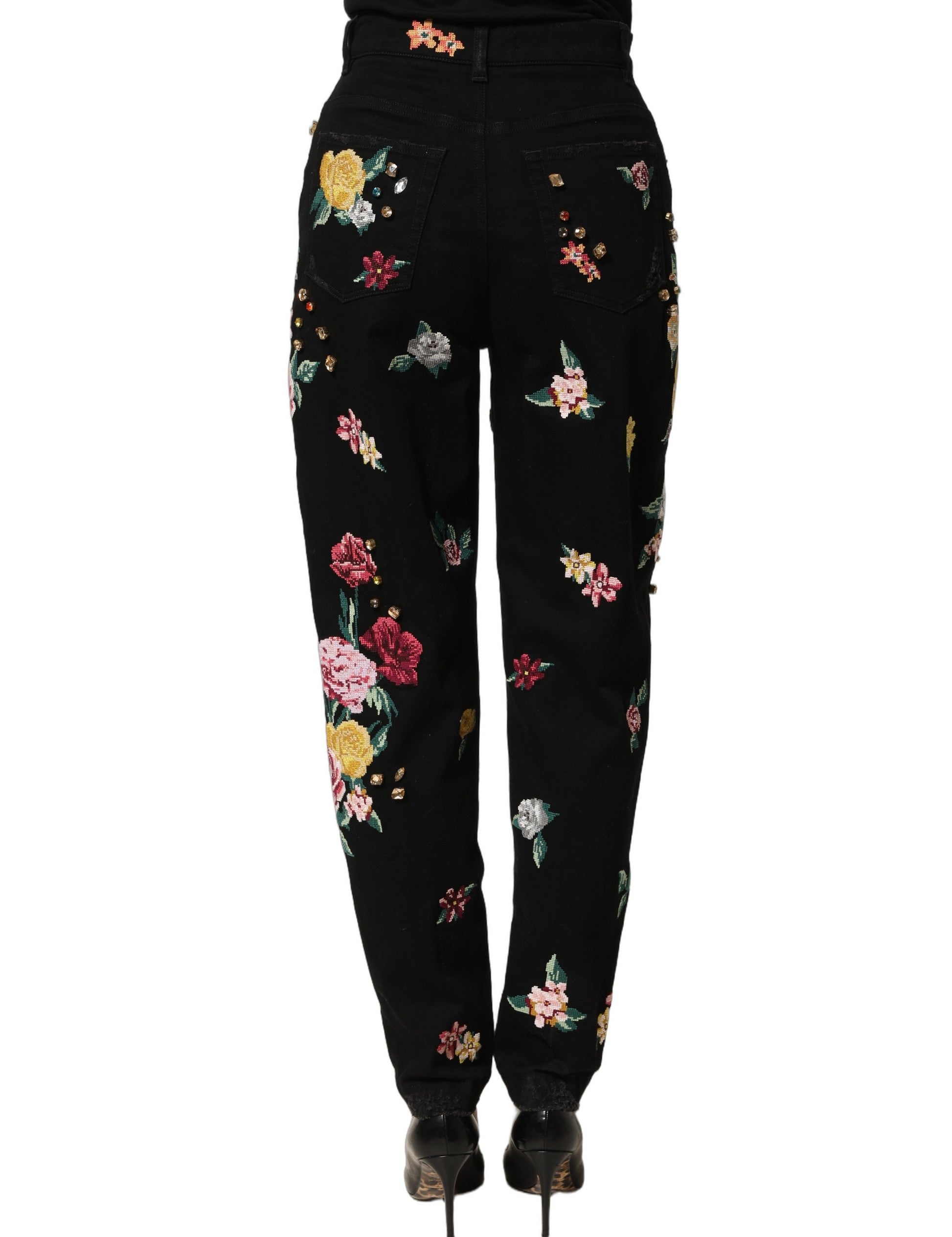 Dolce & Gabbana Schwarze Hose mit Blumenprint, hoher Taille und schmal zulaufendem Bein aus Baumwolle
