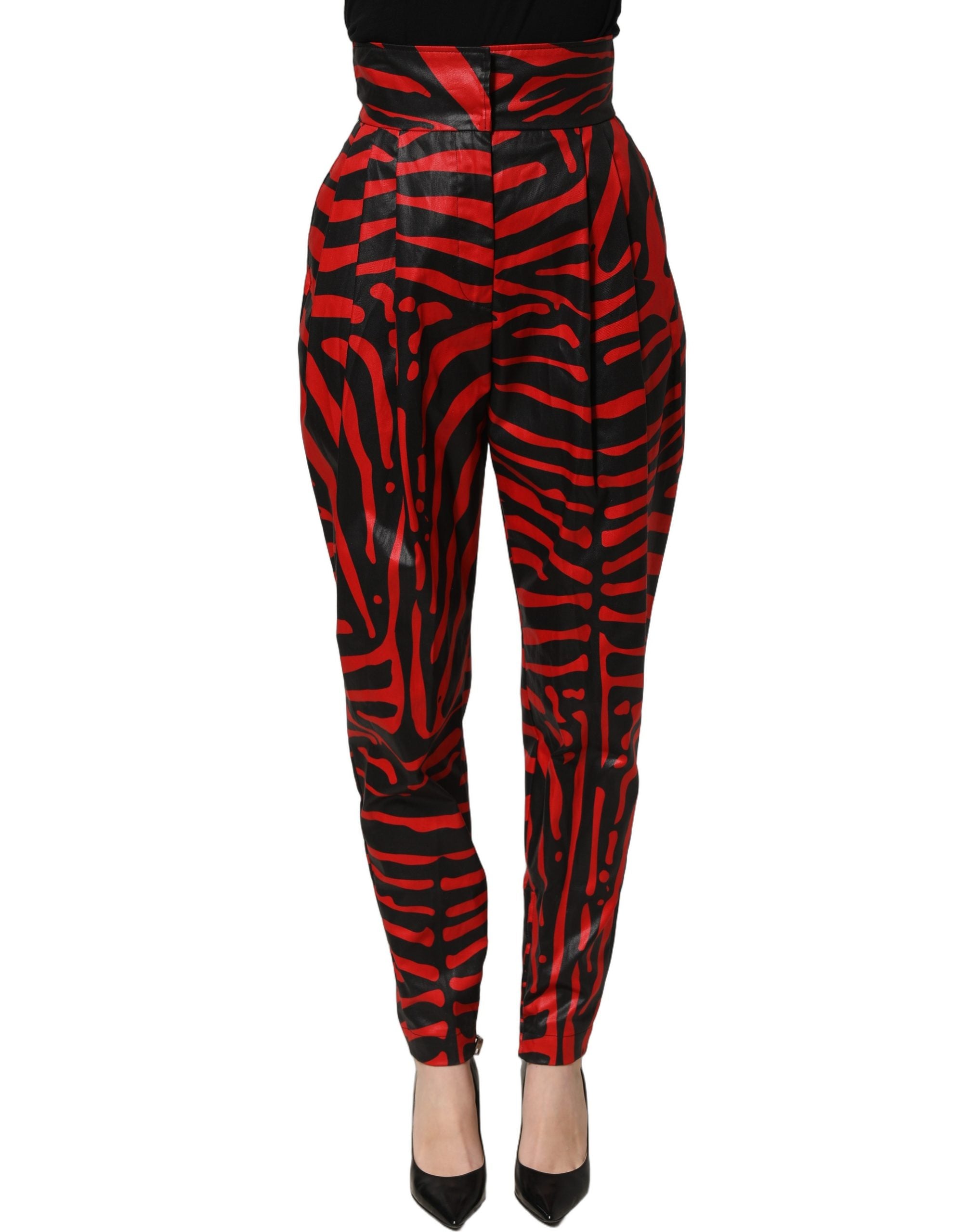 Dolce & Gabbana Rote und schwarze Zebra-Print-Hose aus Baumwolle mit hoher Taille