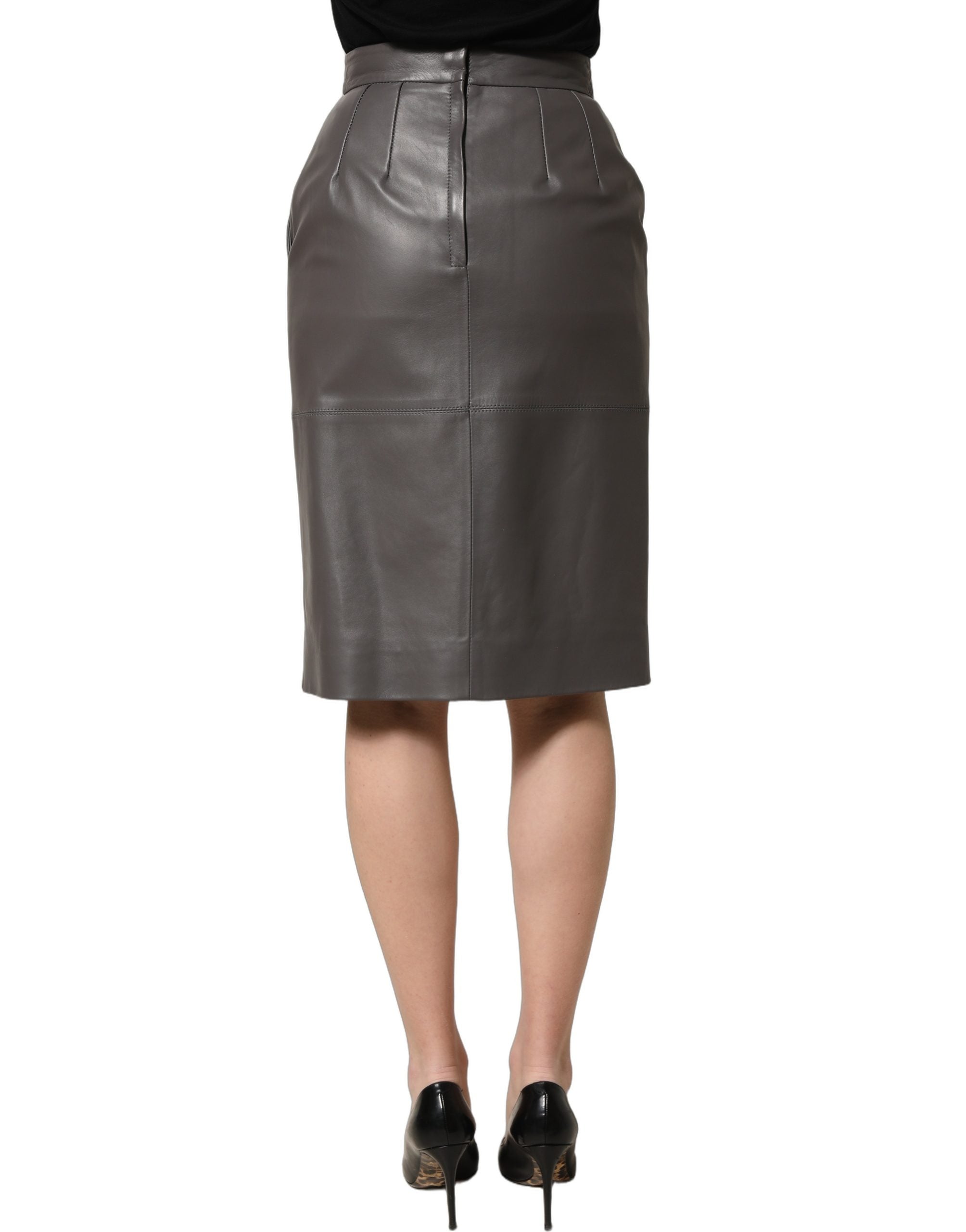 Dolce & Gabbana Grauer Bleistiftrock aus Leder mit hoher Taille und Midi-Länge