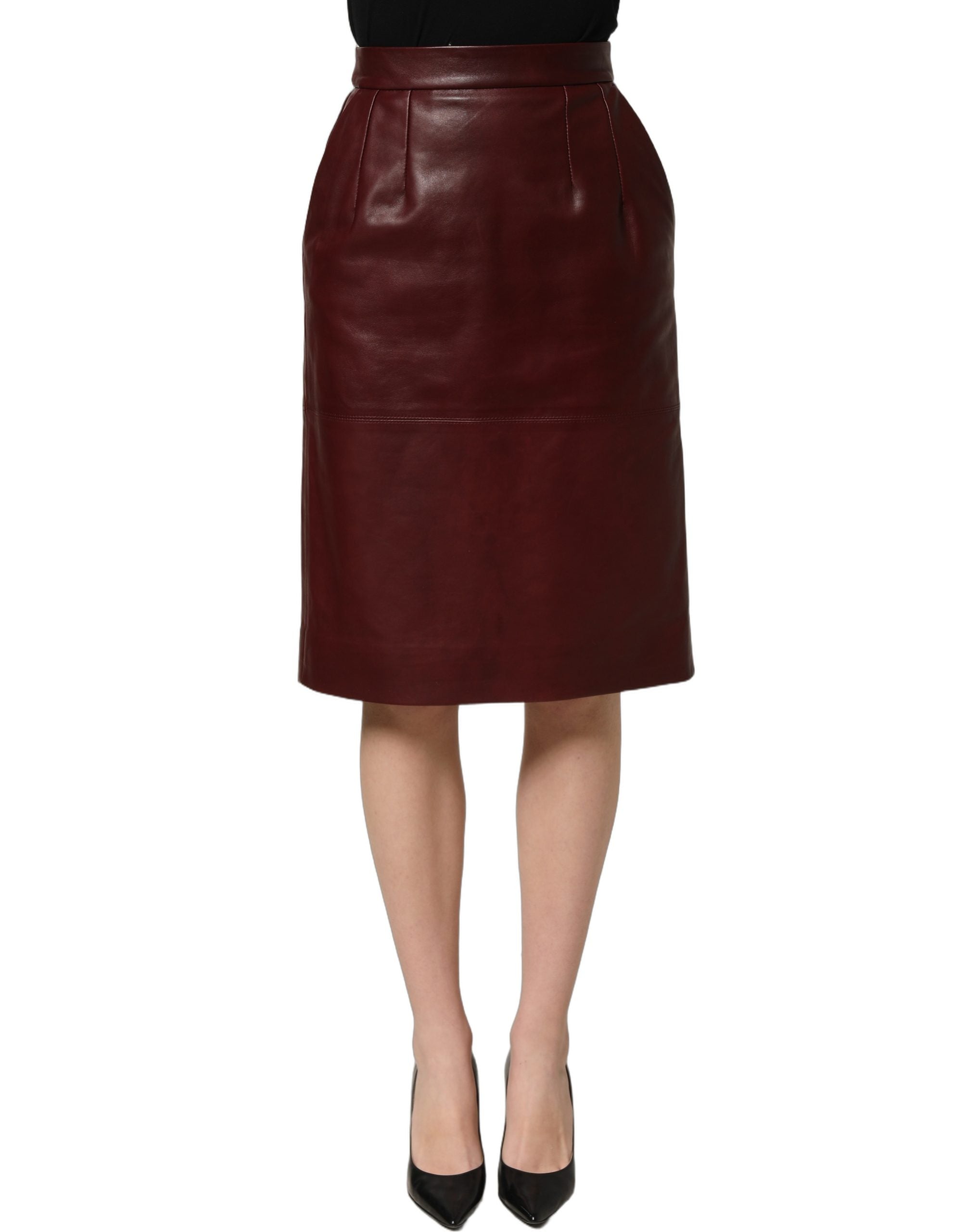 Dolce & Gabbana Bleistift-Midi-Rock aus burgunderfarbenem Leder mit hoher Taille