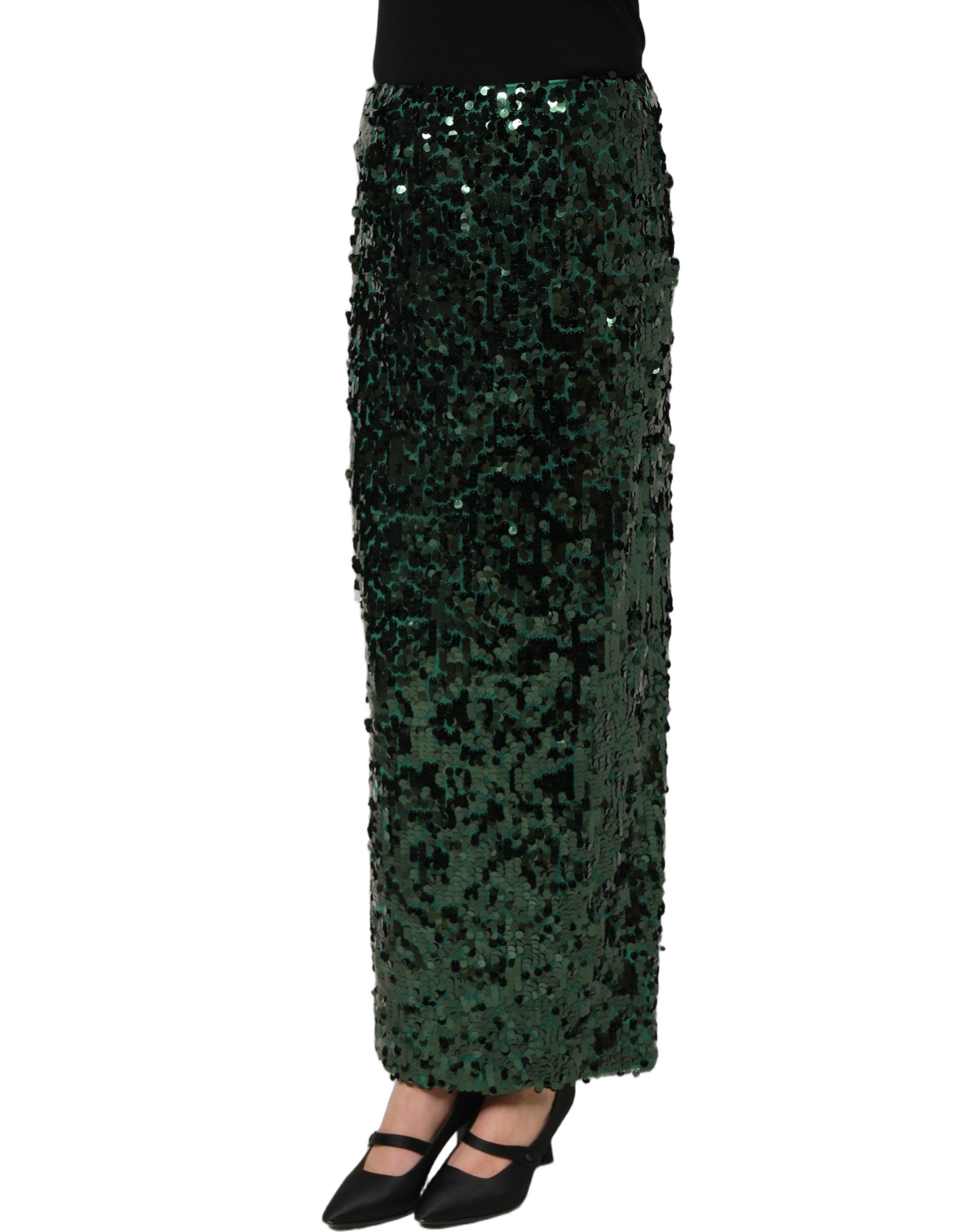 Dolce & Gabbana Grüner Pailletten-Bleistiftrock mit hoher Taille und Midi-Länge