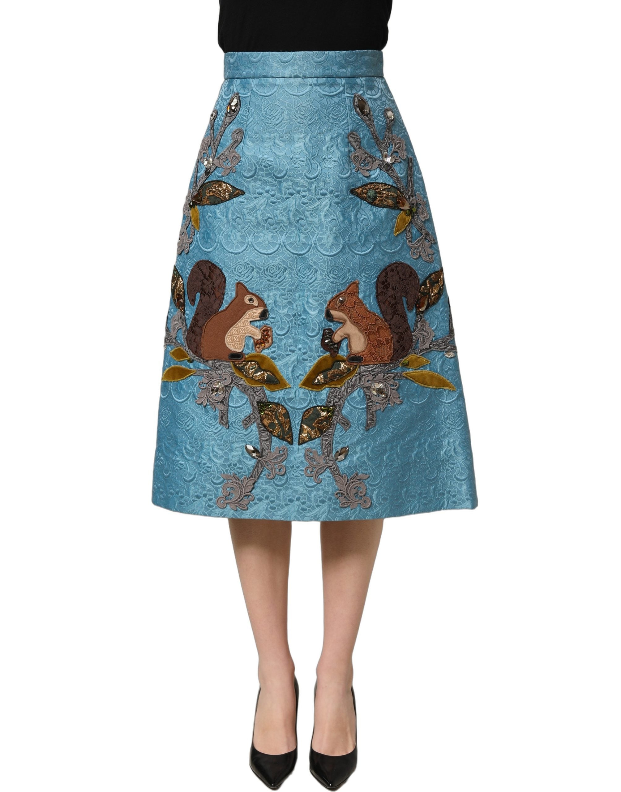 Dolce & Gabbana Blaue Jacquard-Midi-Rock mit Stickerei in A-Linie