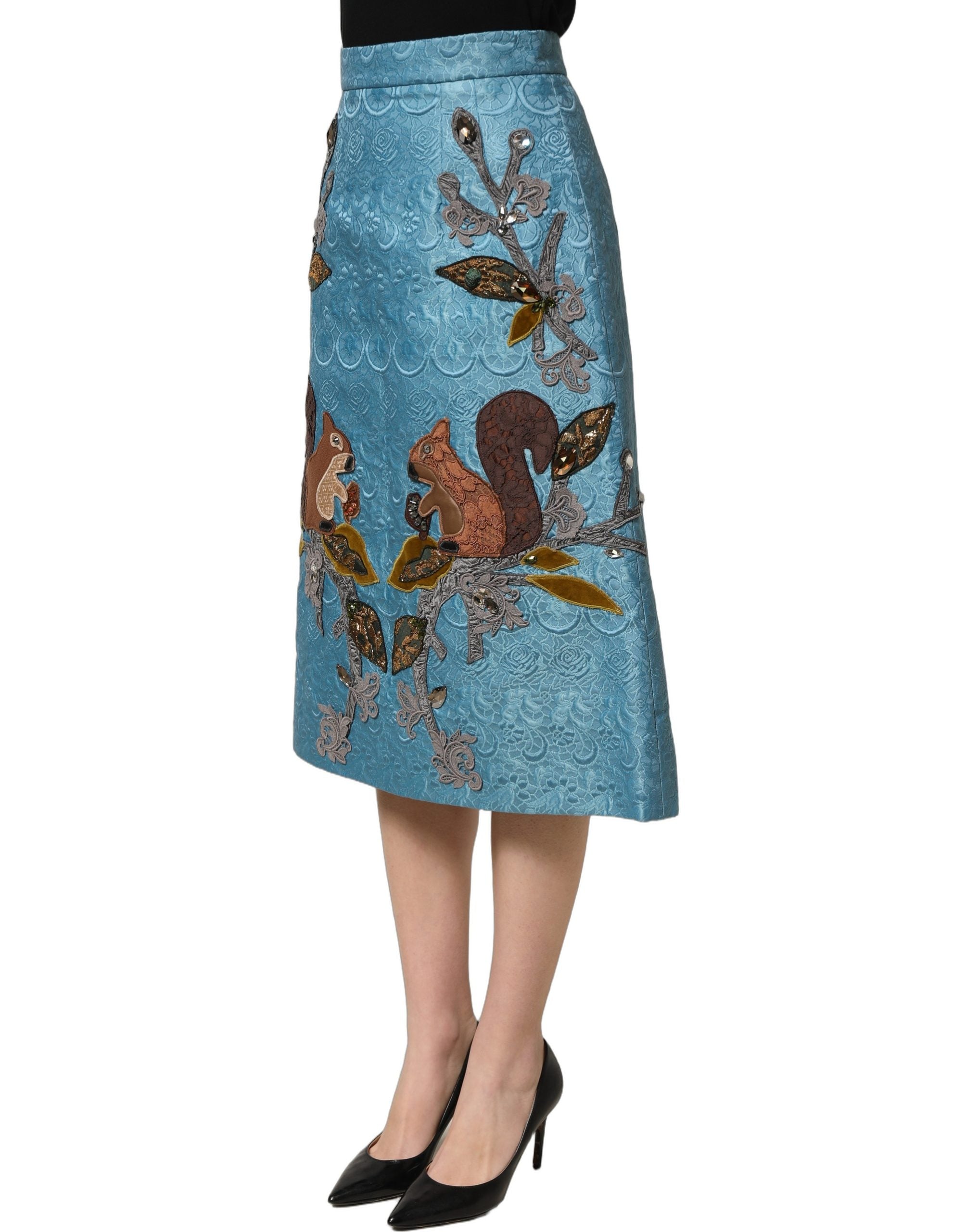 Dolce & Gabbana Blaue Jacquard-Midi-Rock mit Stickerei in A-Linie