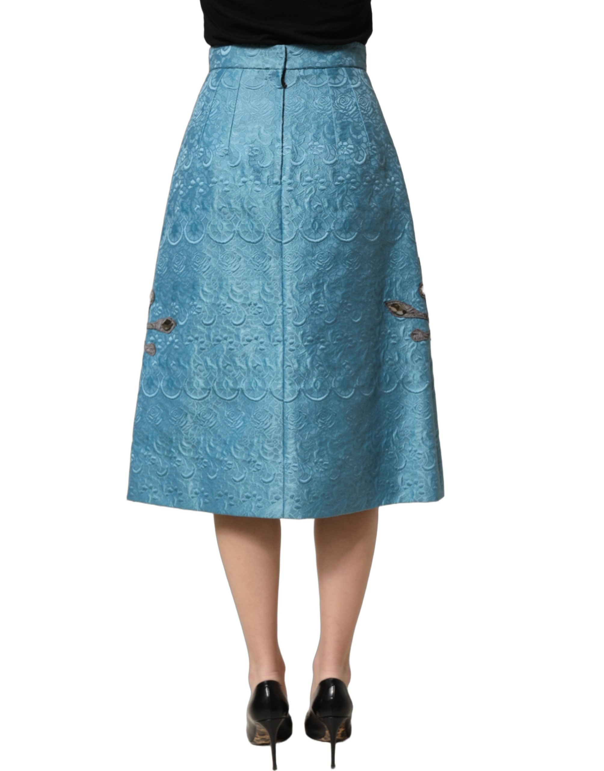 Dolce & Gabbana Blaue Jacquard-Midi-Rock mit Stickerei in A-Linie