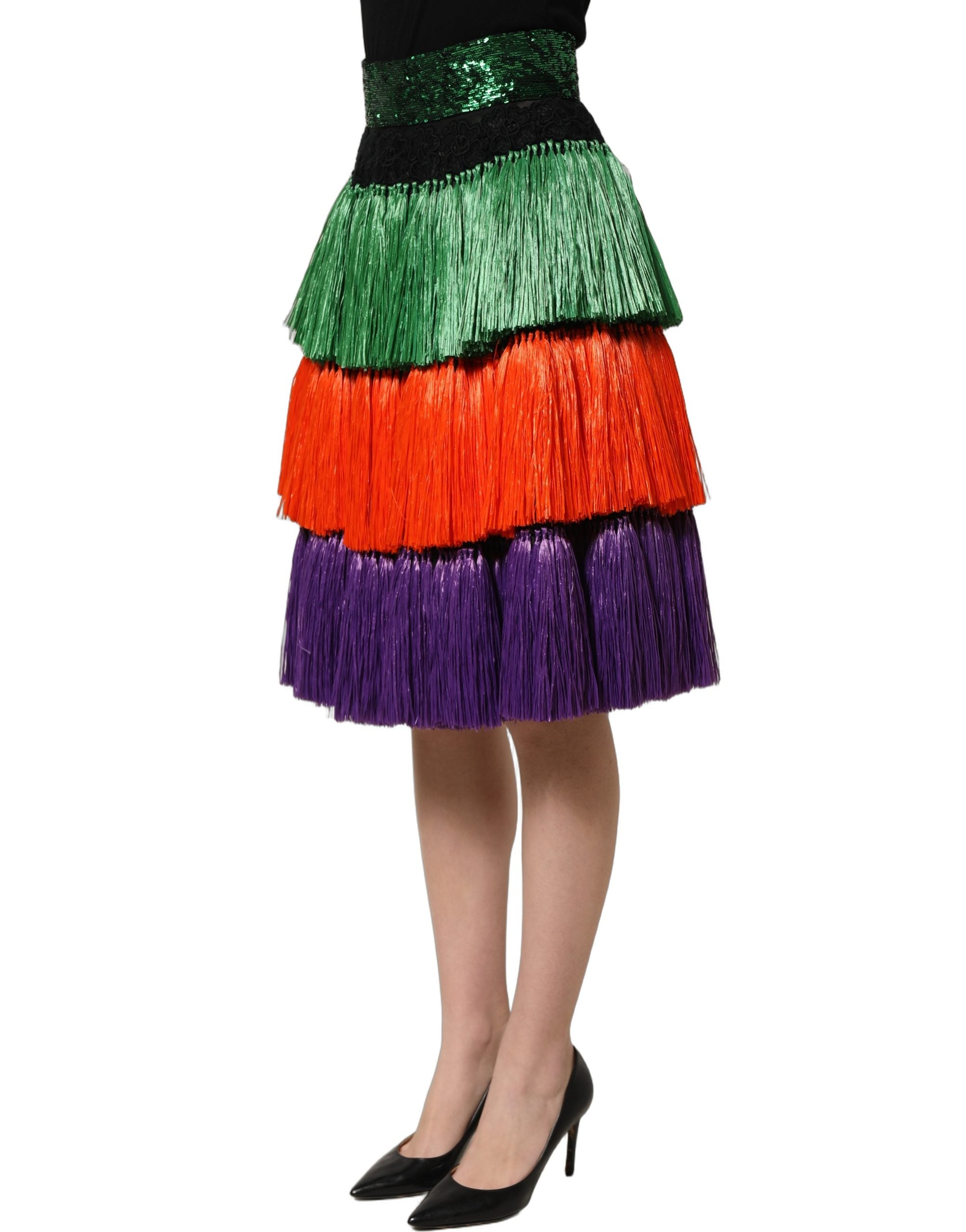 Dolce & Gabbana Rock mit Fransen, hoher Taille und knielangem Schnitt in Multicolor