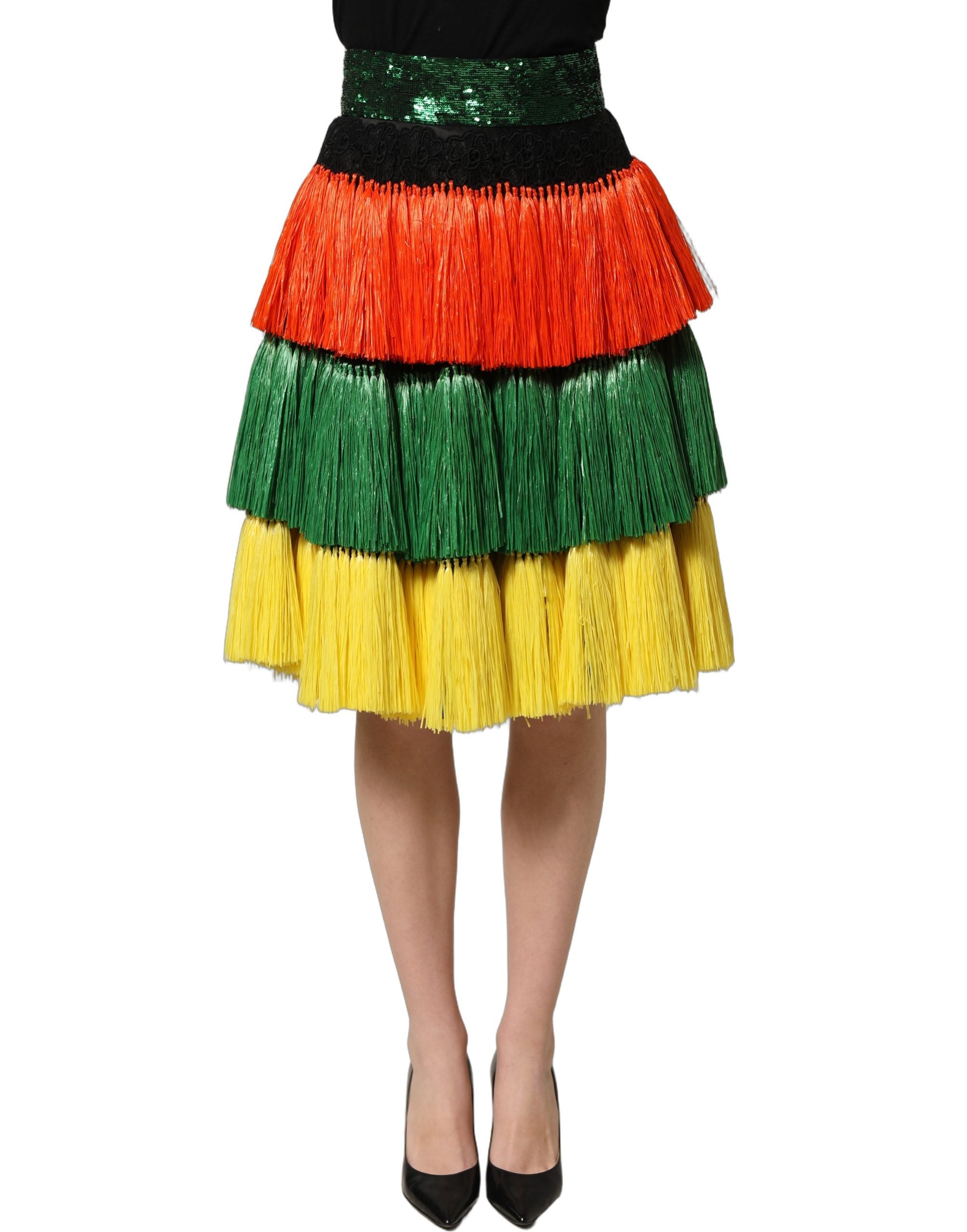 Dolce & Gabbana Mehrfarbiger Paillettenrock mit Fransen und hoher Taille, knielang