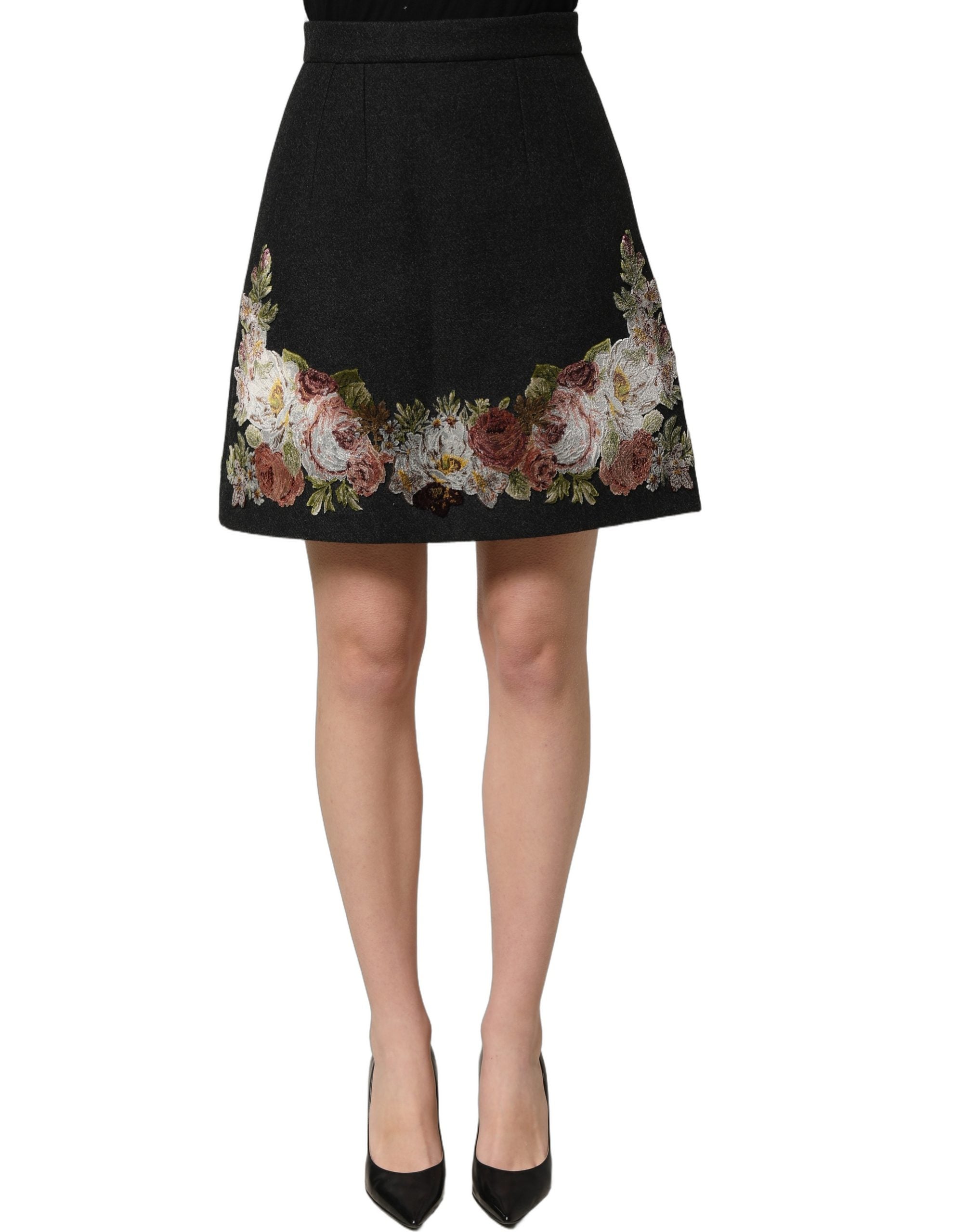 Dolce & Gabbana Schwarzer A-Linien-Rock mit Blumen-Makramee und hoher Taille