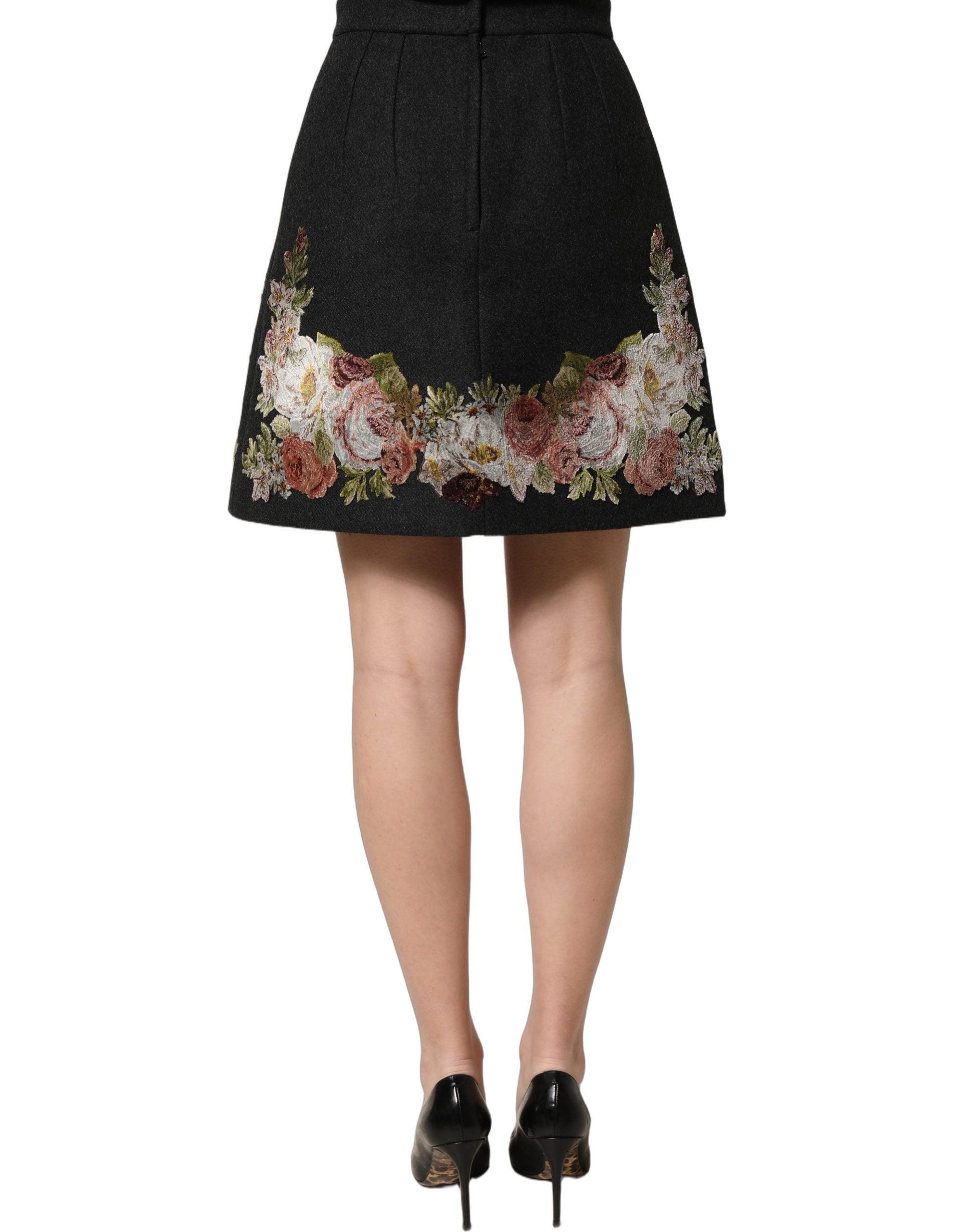 Dolce & Gabbana Schwarzer A-Linien-Rock mit Blumen-Makramee und hoher Taille