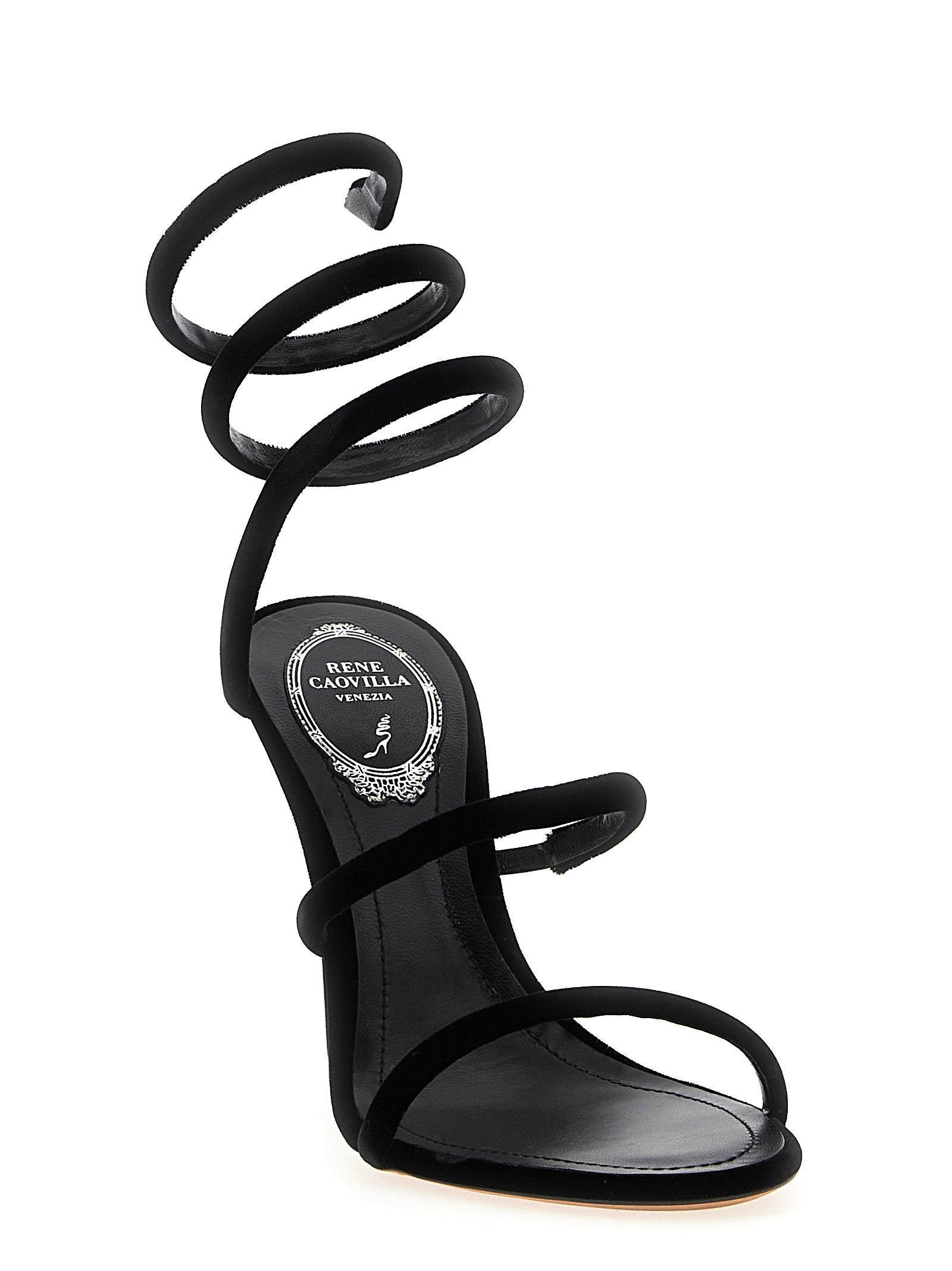 RENE CAOVILLA Schwarze Stiletto-Sandalen aus Textil