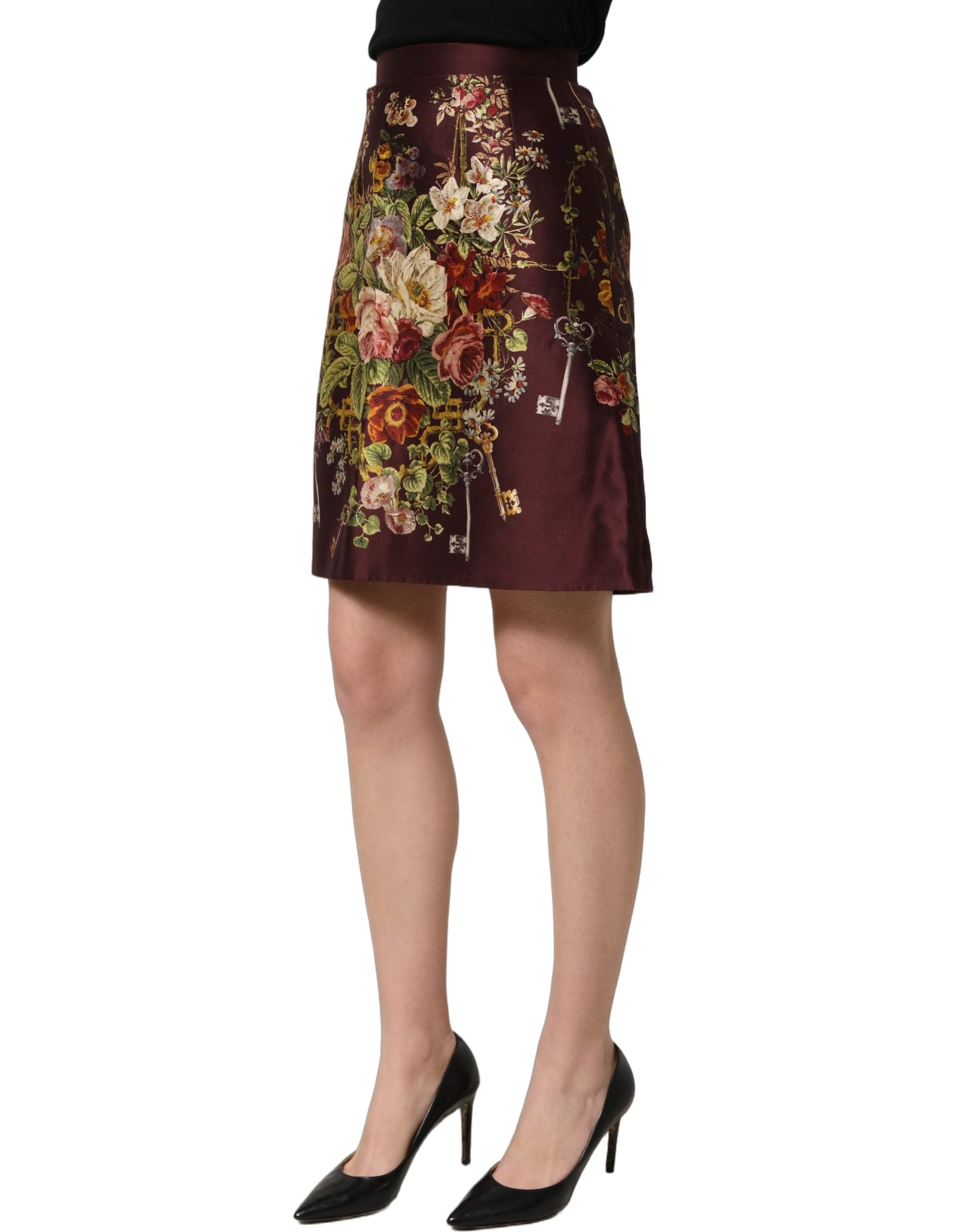 Dolce & Gabbana Minirock mit hoher Taille und A-Linie in Burgunderrot mit Blumenmuster