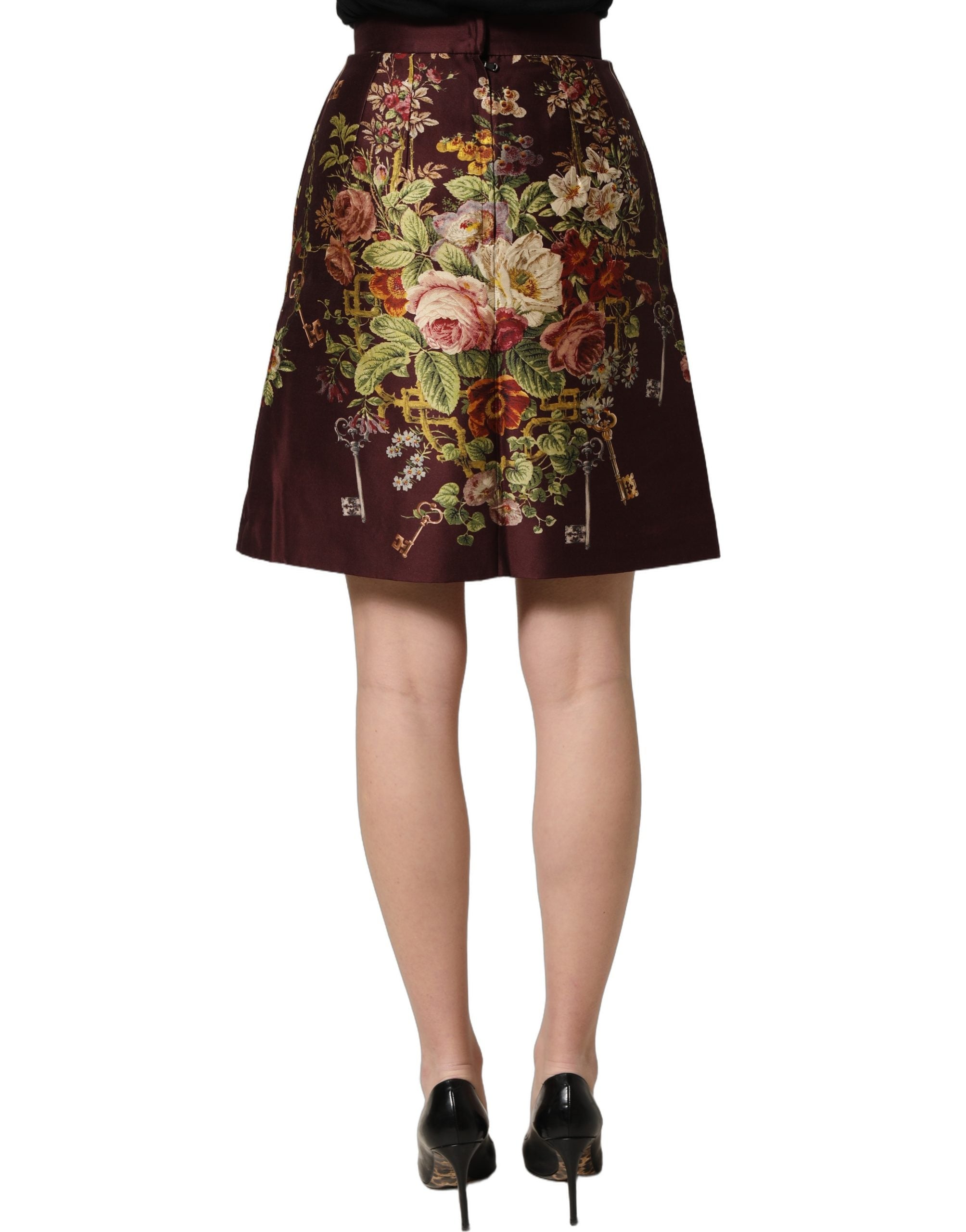 Dolce & Gabbana Minirock mit hoher Taille und A-Linie in Burgunderrot mit Blumenmuster