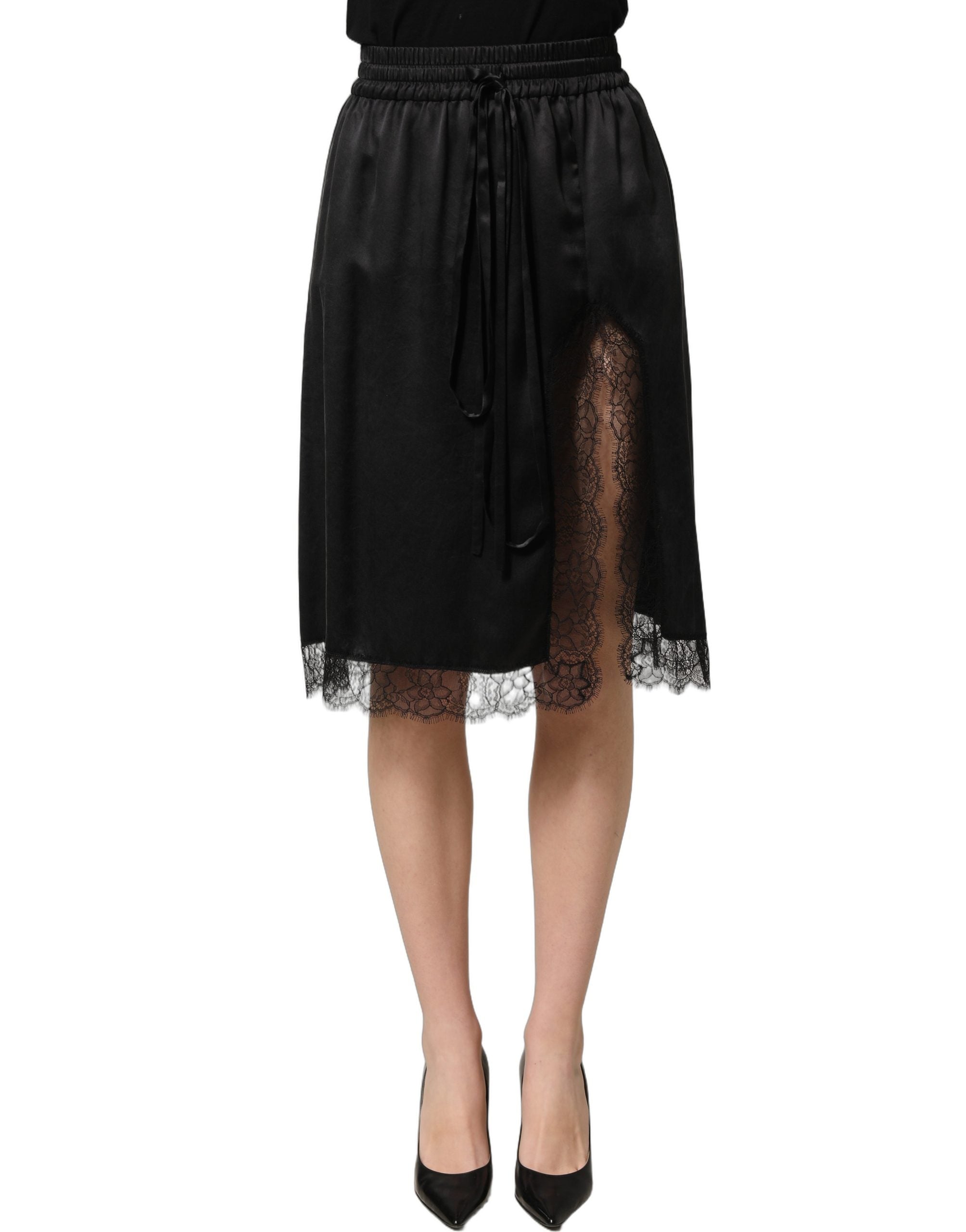 Dolce & Gabbana Schwarzer Satinrock mit Spitzendetails und seitlichem Schlitz