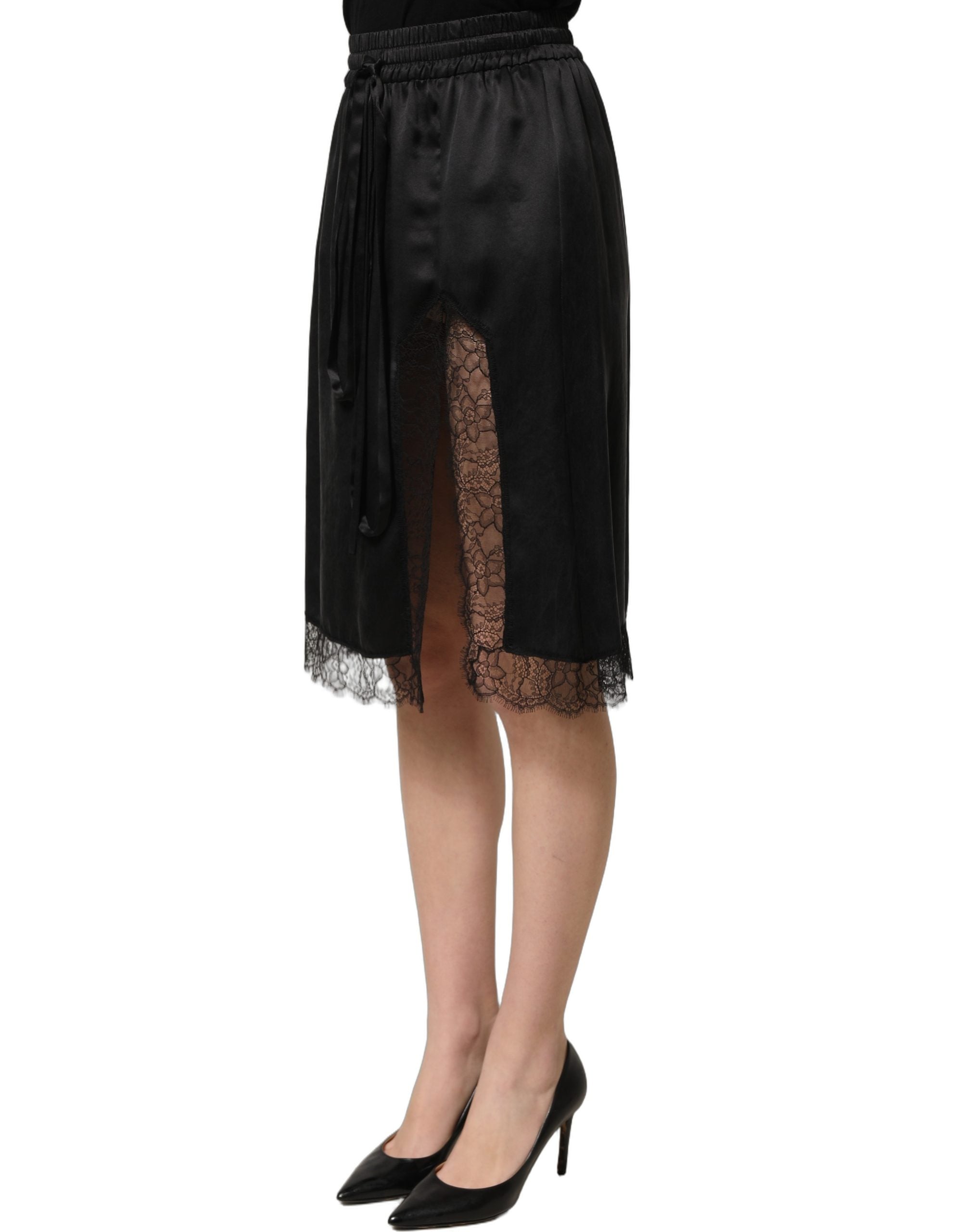 Dolce & Gabbana Schwarzer Satinrock mit Spitzendetails und seitlichem Schlitz