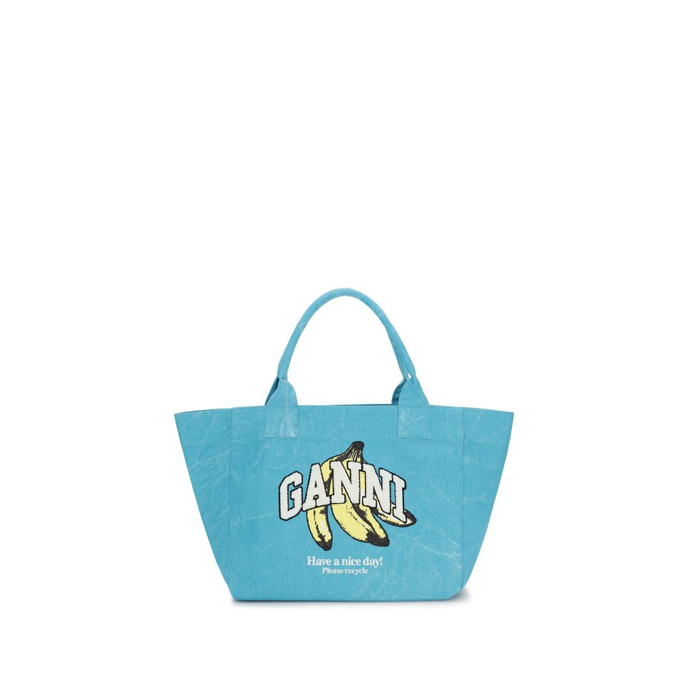 Ganni Blaue Schultertasche aus recycelter Baumwolle