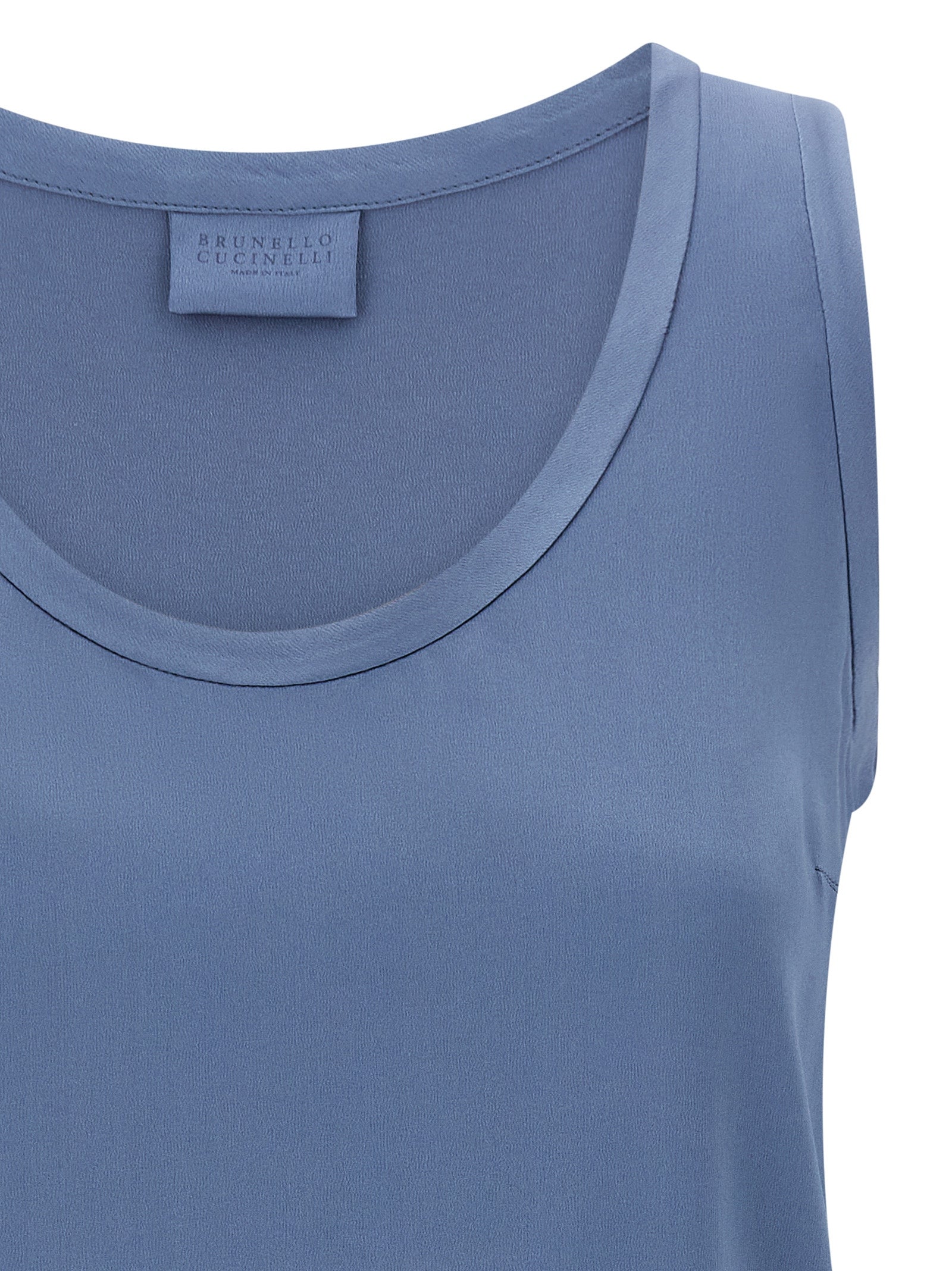 Brunello Cucinelli Ärmelloses T-Shirt aus blauer Seide