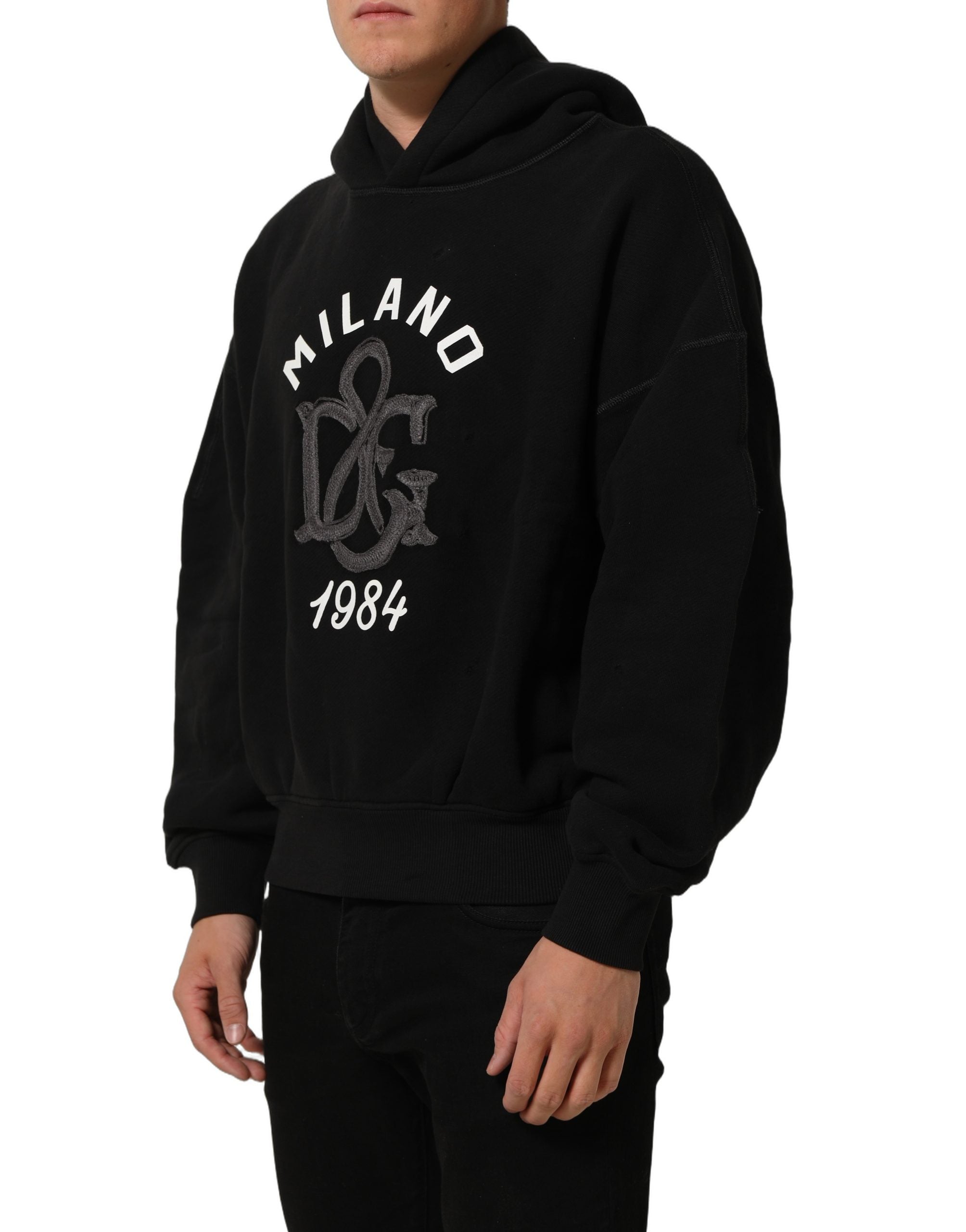 Dolce & Gabbana Schwarzer Kapuzenpullover aus Baumwolle mit Milano1984 Print