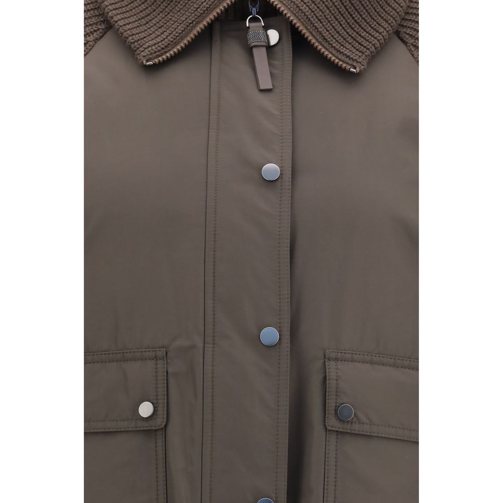 Brunello Cucinelli Braune Polyester-Jacke in voller Länge