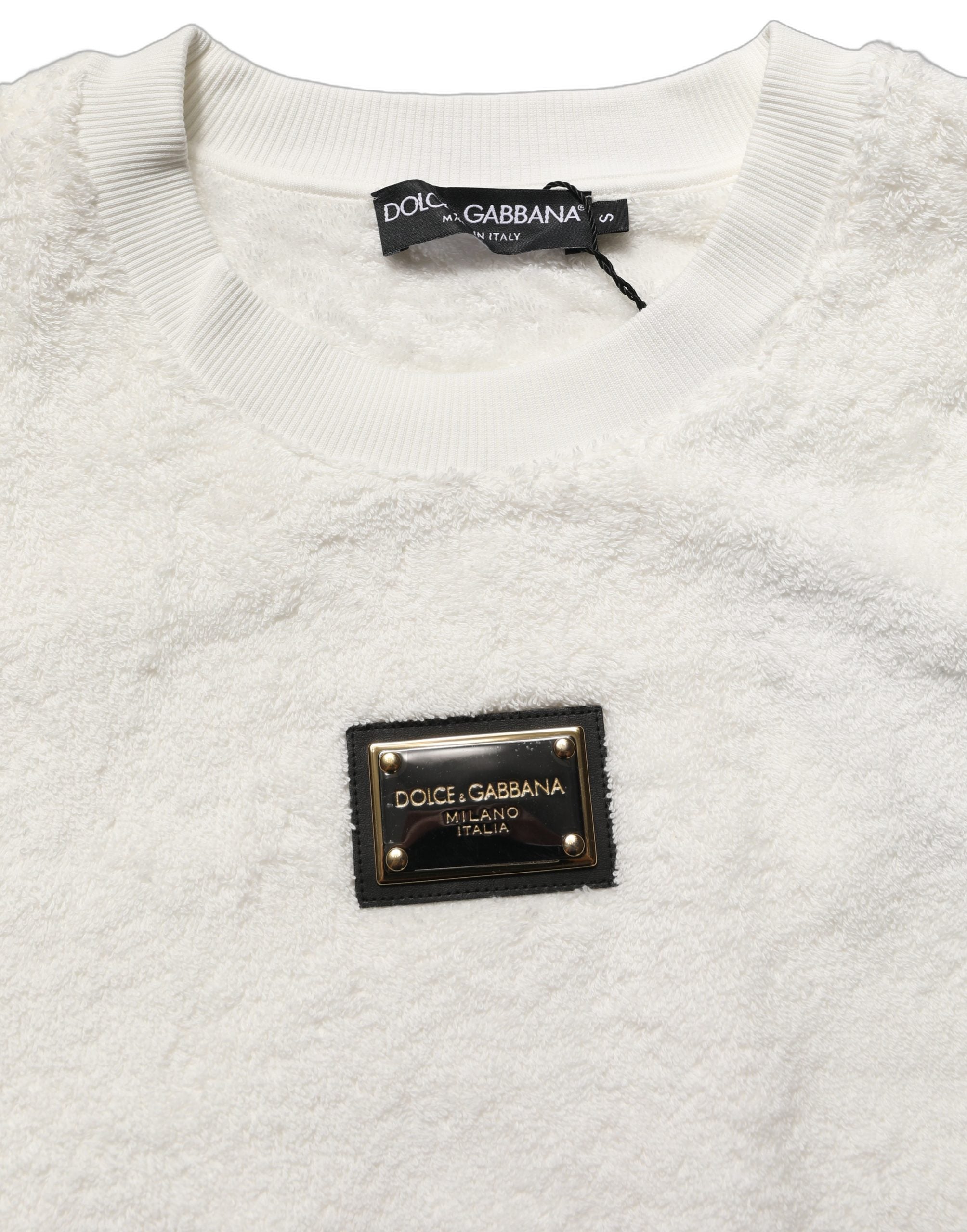 Dolce & Gabbana Weißes Sweatshirt mit Logo-Plakette und Rundhalsausschnitt